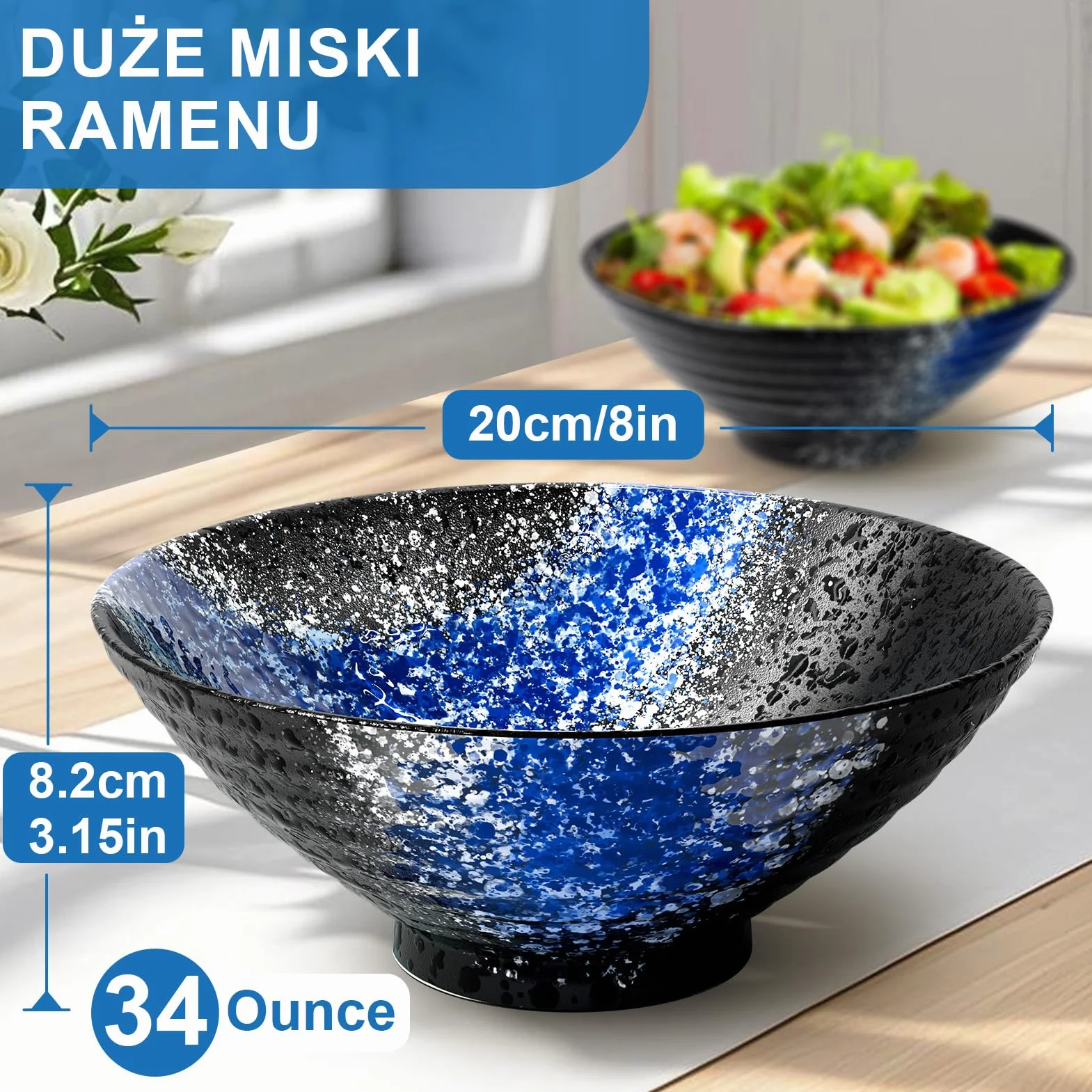 Zestaw 2 Ceramicznych Misek Do Ramenu, Porcelanowe Japońskie Sałatki Makarony Zboża Owoce Makaron Zupa Duże Miski 1000Ml Przepisami Pałeczki Widelce I Łyżki Na Imprezę Mężczyźni Kobiety Prezent