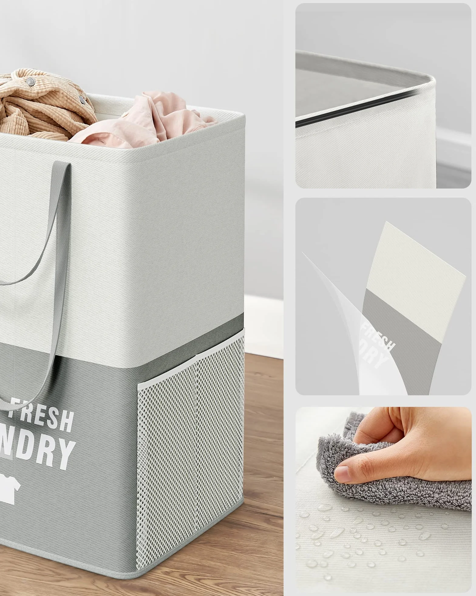 SONGMICS LCB209G12 Duży kosz na pranie, 90 l, z 2 przegródkami, wolnostojący, składany, z podwójnym uchwytem, do sypialni, łazienki, 2 szt., jasnoszary