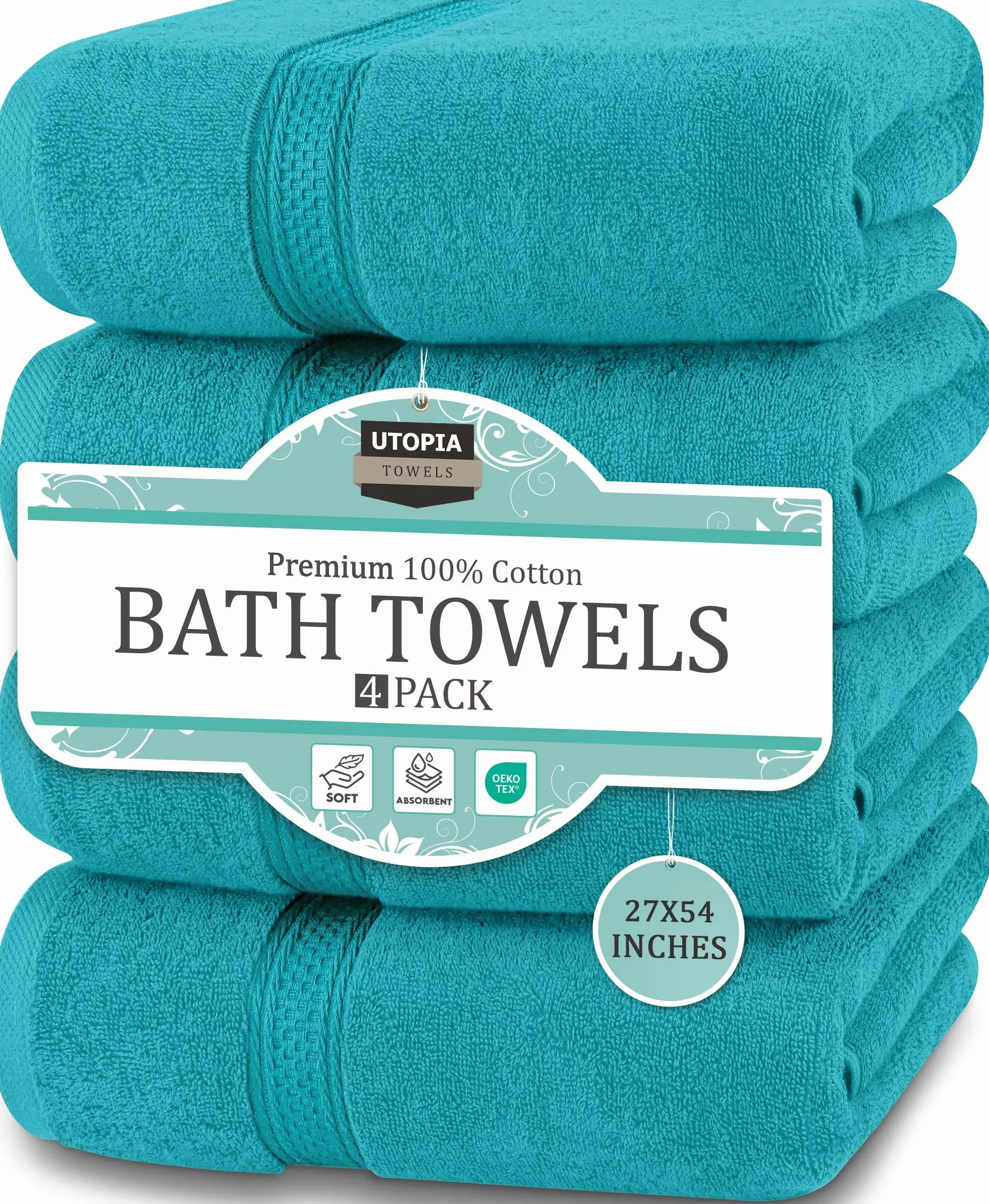 Utopia Towels - 4-częściowy zestaw ręczników kąpielowych (69 x 137 cm) Szybkoschnące, miękkie w dotyku ręczniki Premium ze 100% bawełny ring-spun, idealne do codziennego użytku (turkus)