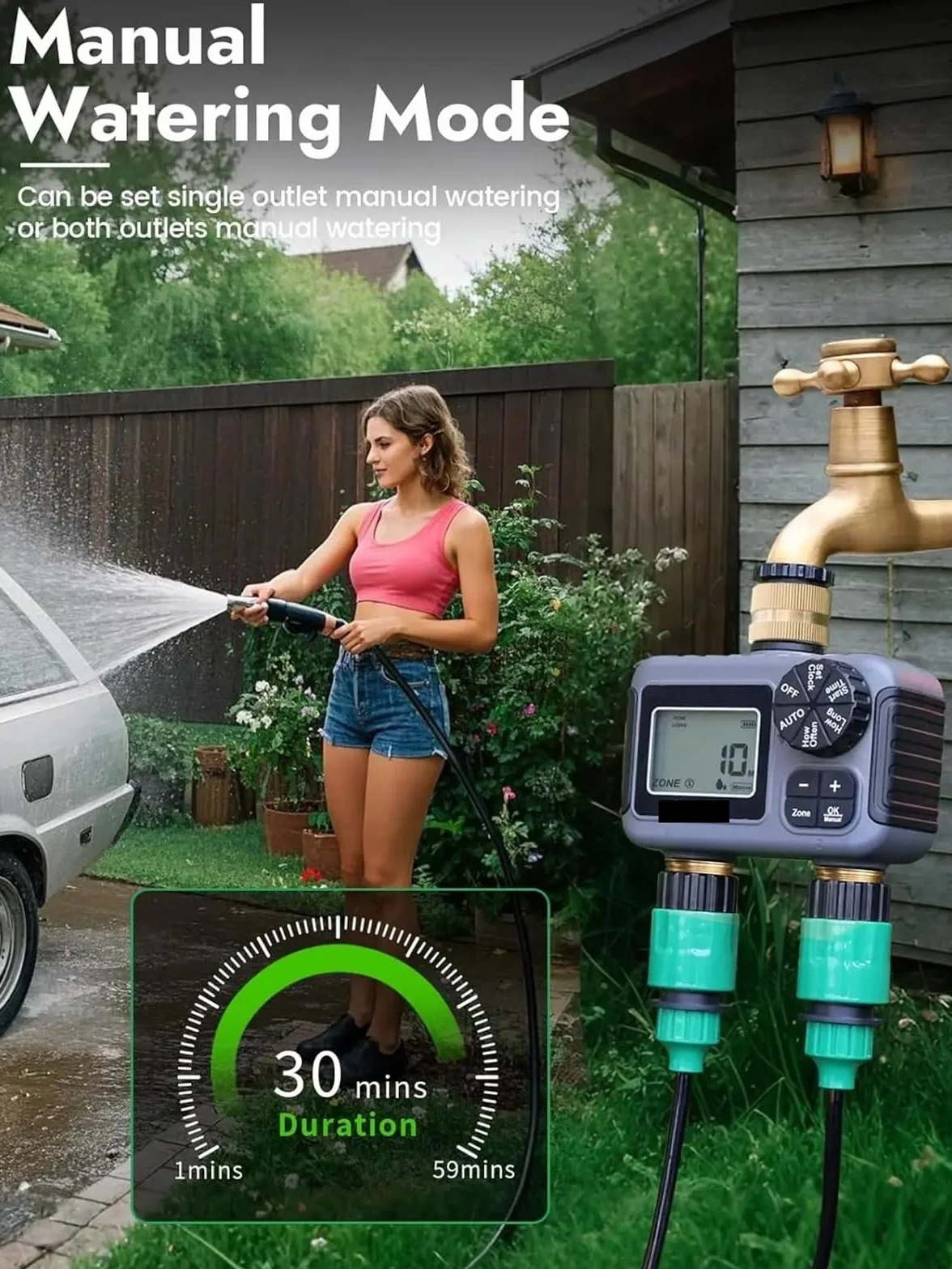 Sterownik nawadniania, Inteligentny system nawadniania z podwójnym wyjściem, automatycznym timerem, programatorem węża zraszającego do ogrodu na zewnątrz do podlewania trawnika