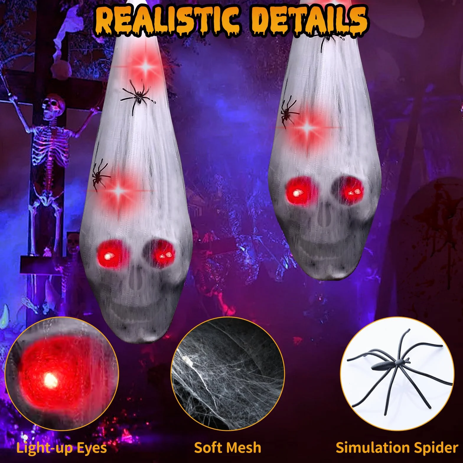 2 dekoracje do zawieszenia na Halloween, czaszka na świeżym powietrzu z 2 pająkami, dekoracja na Halloween, czerwone oko, trupia czaszka, oświetlenie czerwonych oczu