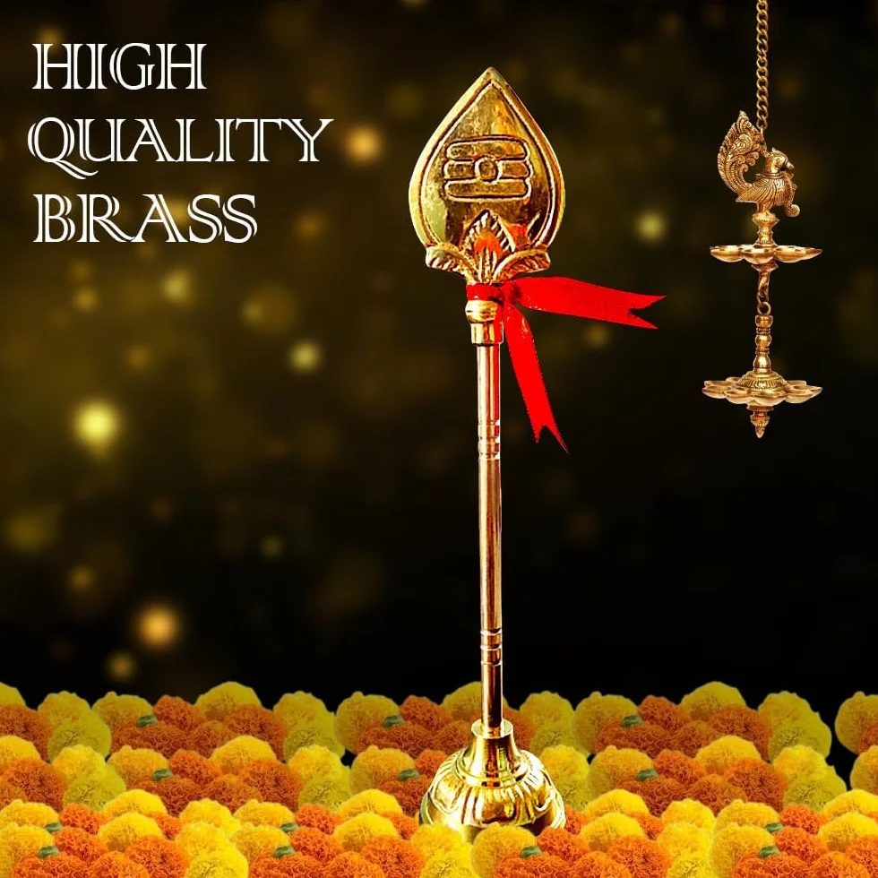 Mosiężny Murugan Vel, tradycyjny stojak lorda Murugana Vel na Pooja i wystrój domu, hinduski bóg Vel Idol, złoty mosiężny posąg Vel (20 cm), prezenty i duchowa dekoracja