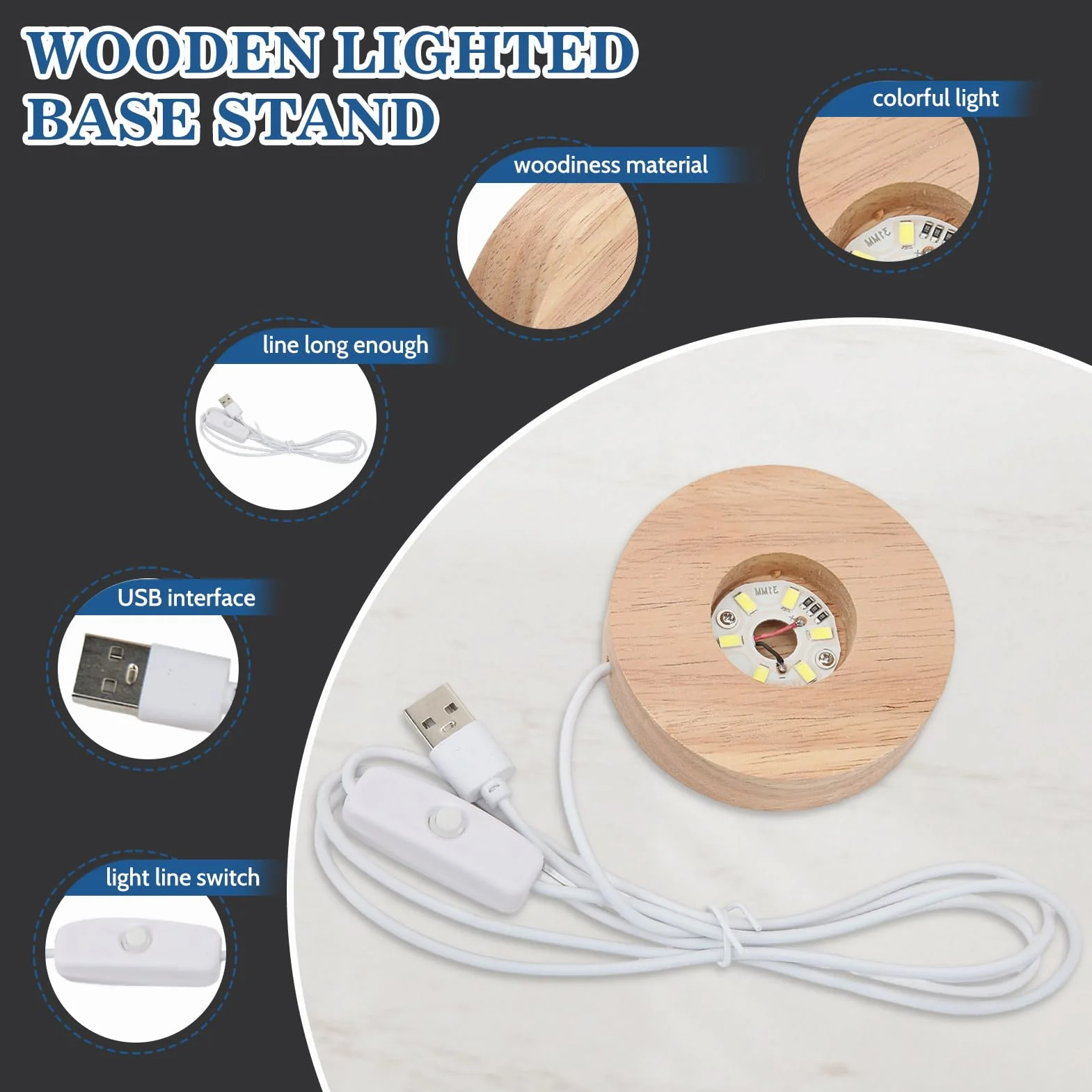 Podstawa do wyświetlacza LED, luksusowa drewniana podstawa LED z zasilaniem USB, średnica 8 cm, solidne dębowe drewno do prezentacji kryształów, szkła artystycznego i biżuterii