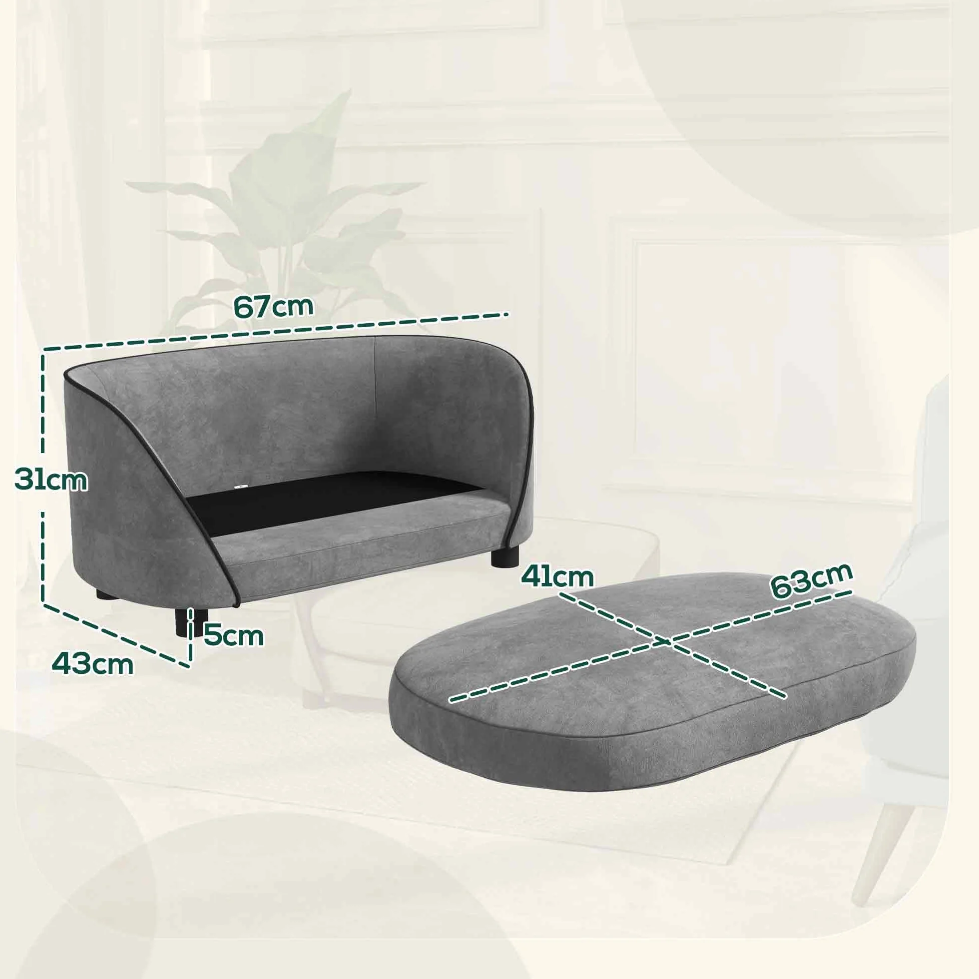 PawHut Sofa dla psa, miękka poduszka, zdejmowany pokrowiec, aksamitny, dla małych i średnich psów, szary