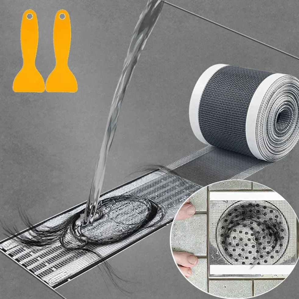 Łapacz do włosów, 70 mm x 10 m, jednorazowe sitko do odpływu, samoprzylepne, z siateczką, z plastikową szpachelką, do wanny, do wanny, 2 sztuki