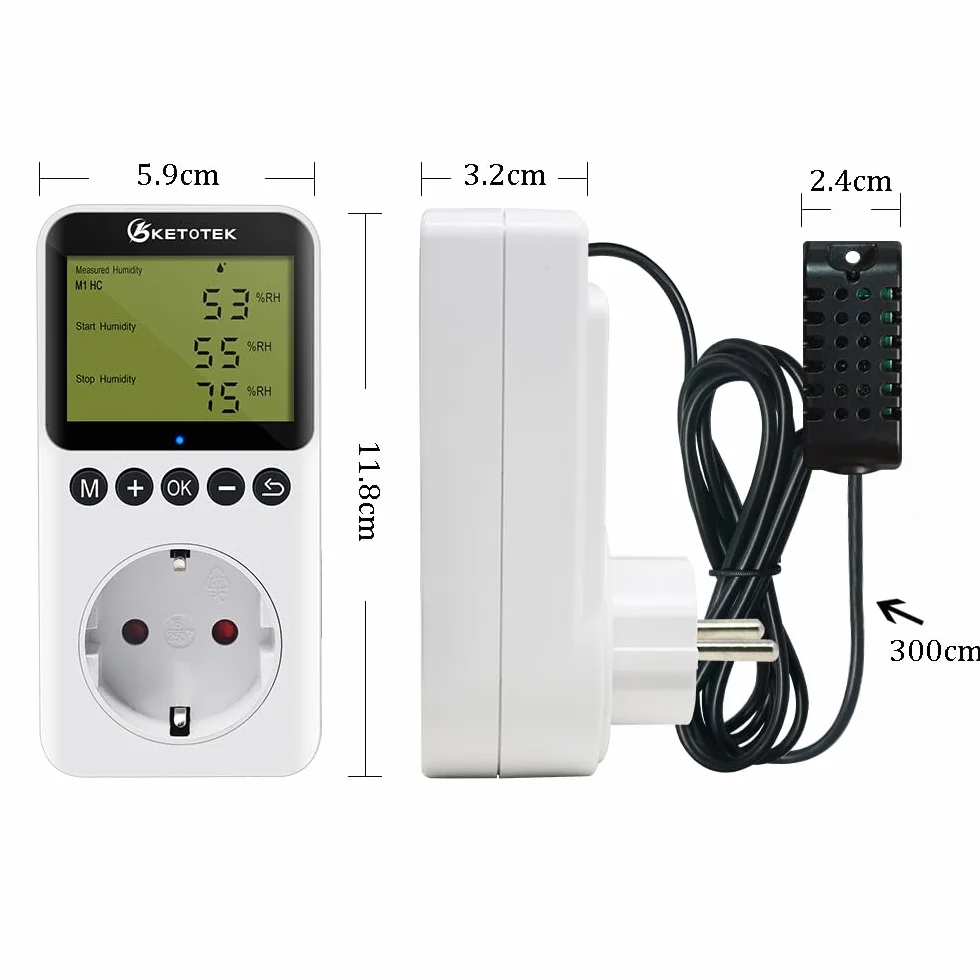 KETOTEK Higrostat, regulator wilgotności z czujnikiem 230 V, cyfrowy regulator wilgotności, gniazdko elektryczne przełącznik do szklarni, terrarium, osuszacza powietrza, nawilżacz powietrza