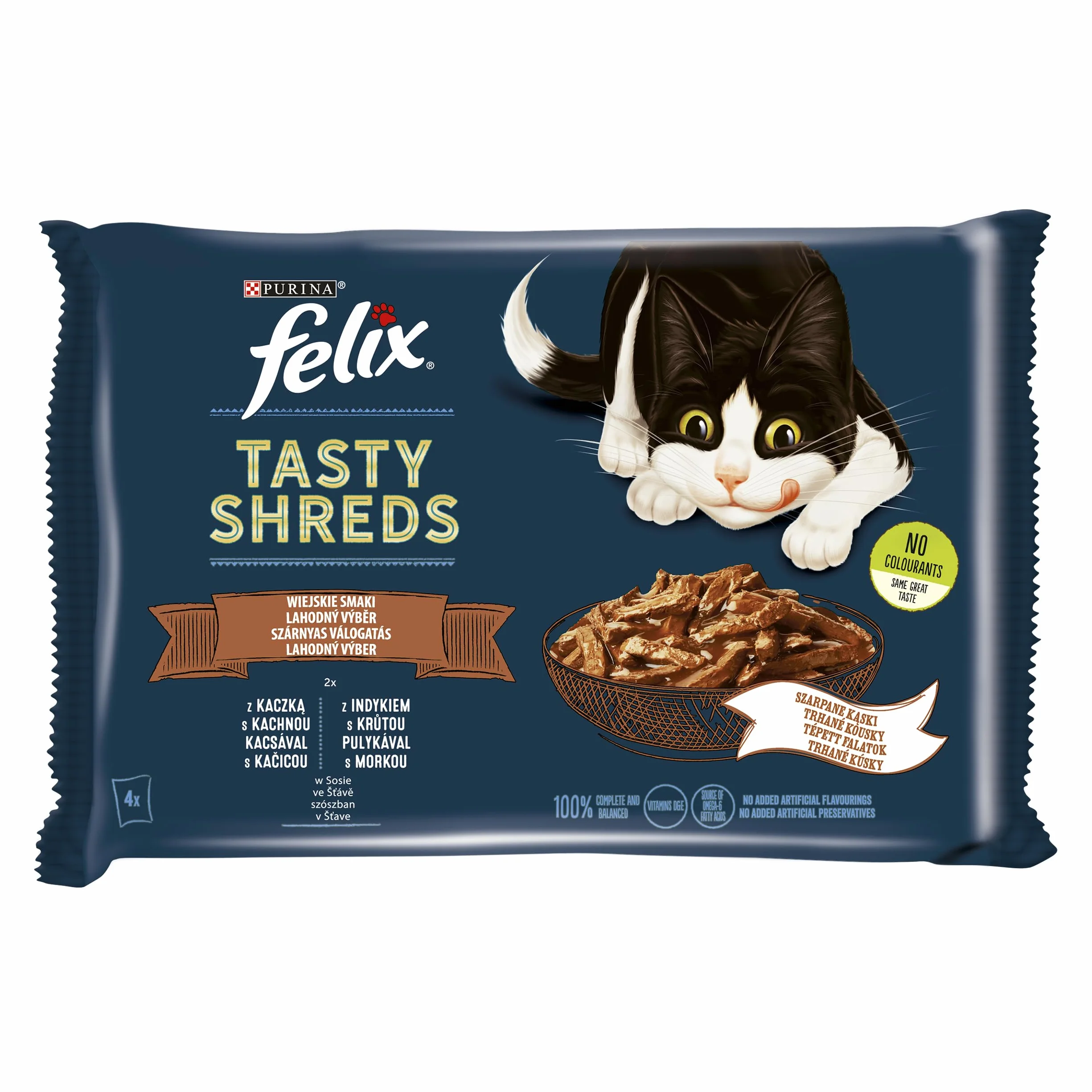 FELIX TASTY SHREDS Wiejskie Smaki | Karma mokra dla dorosłych kotów | Kaczka, Indyk | 4x80g