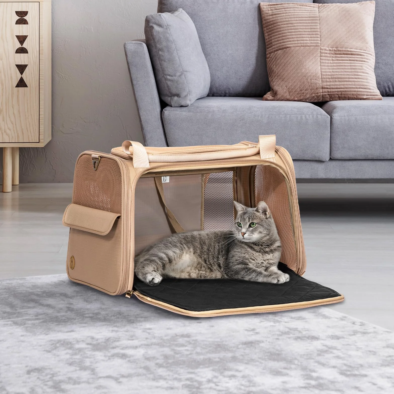 Petsfit Nosidełko podróżne dla kota, miękkie nosidełko dla psów z rozszerzalną matą i czworokątną siatką z tkaniny Oxford, przenośna torba dla psa z ulepszoną dużą przestrzenią, khaki