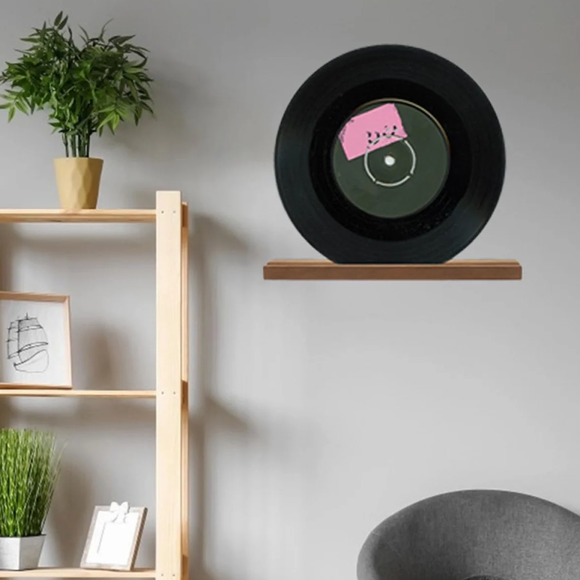 Drewniany stojak na płyty winylowe, zestaw 3 sztuk, naścienny, dekoracyjny nizer, do salonu lub sypialni, prosty rustykalny design, idealny dla miłośników muzyki i kolekcjonerów