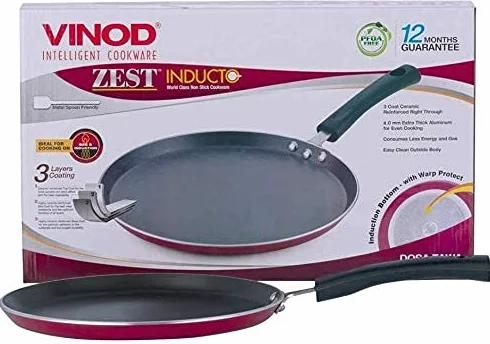 Vinod Patelnia do naleśników, nieprzywierająca patelnia do naleśników, Chapati, Roti i Dosa Tawa do płyt indukcyjnych, kuchenek gazowych i ceramicznych, powłoka odporna na zarysowania - 25 cm, grubość 4 mm, czarna