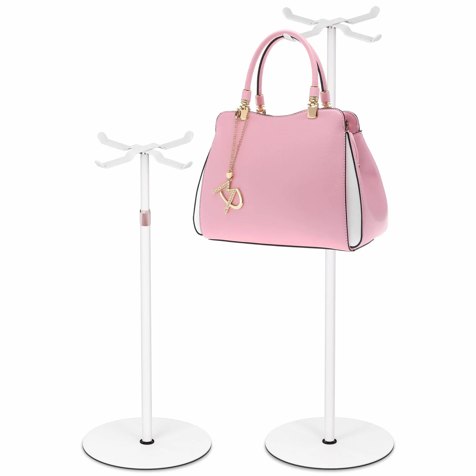 Mordx 2 stojaki do torebki, metalowe, do zawieszenia, z czterema haczykami, regulowane paski na wyświetlacz, rama podpierająca plecak, torba crossbody, organizer na haczyk (biały/2 sztuki)