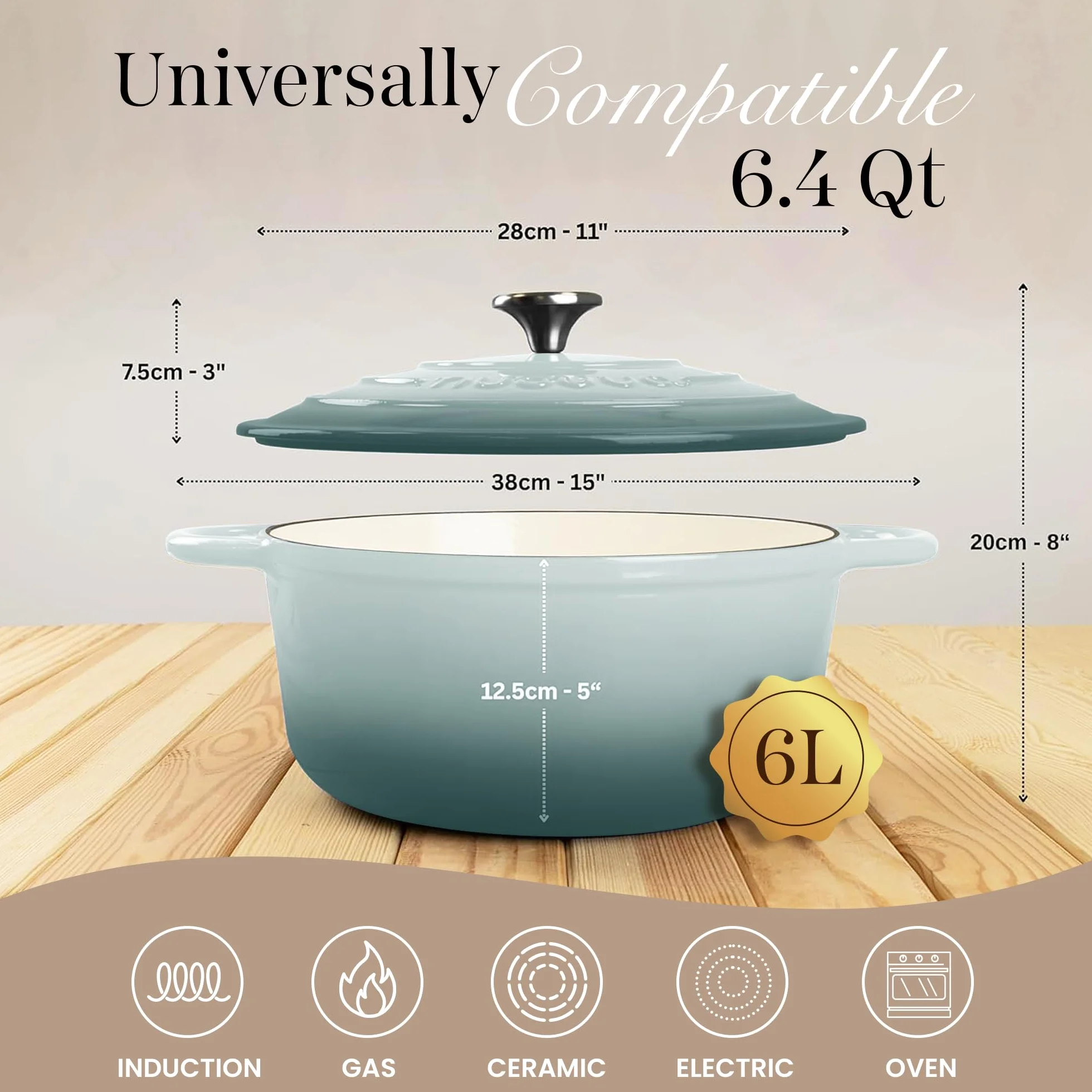 Garnki z Żeliwa z Pokrywką – Emaliowane, Nieprzywierające, Odporny na Piekarnik do 500° F – Solidne Garnki Holenderskie – Sól morska, 6.4 Quart, 28cm – od Nuovva