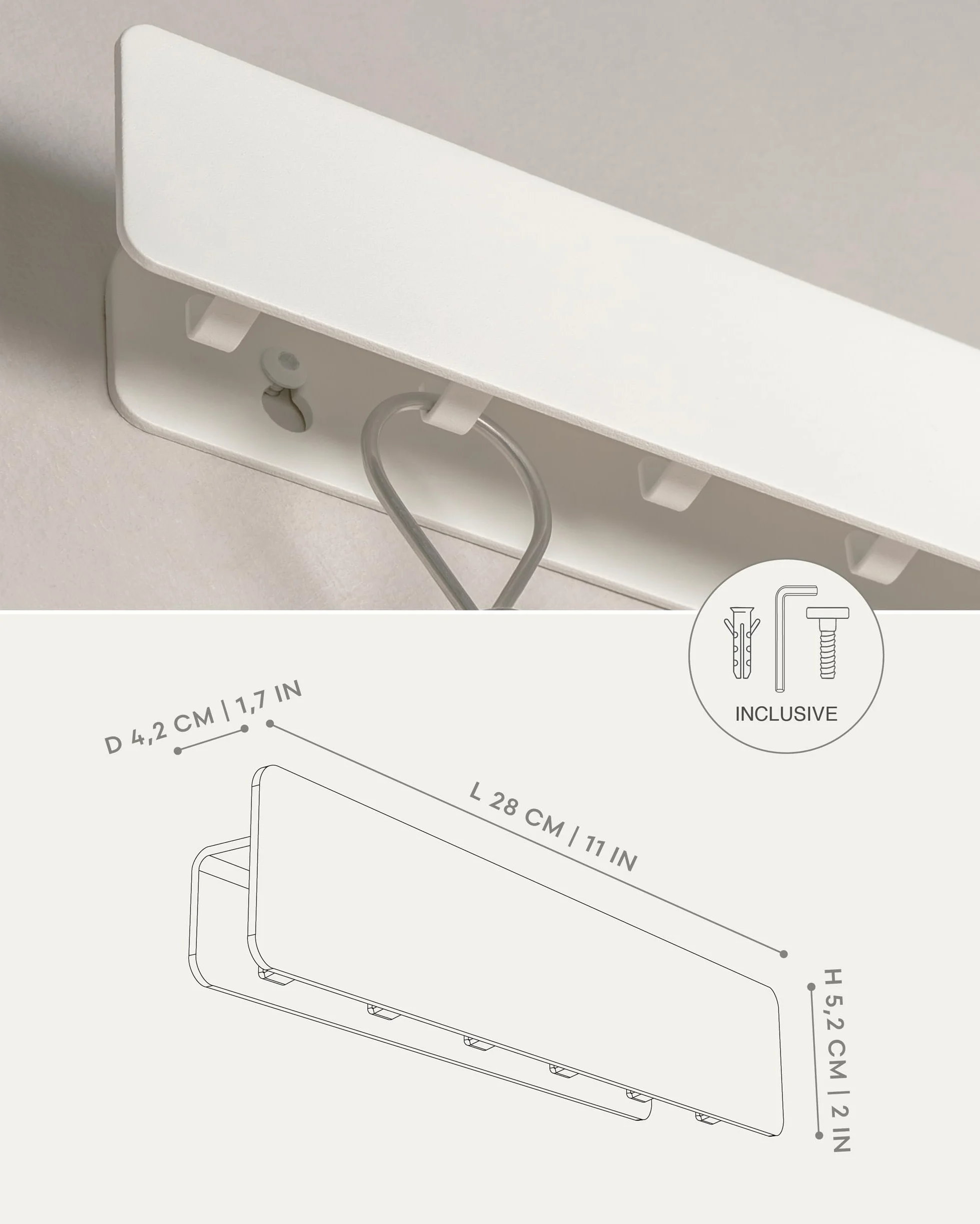 Kazai. Tablica na klucze 'Kian' | Minimalistyczny design haka z Berlina | Nowoczesny metalowy uchwyt z półką | Regał jako mebel do przedpokoju na ścianę | Biały