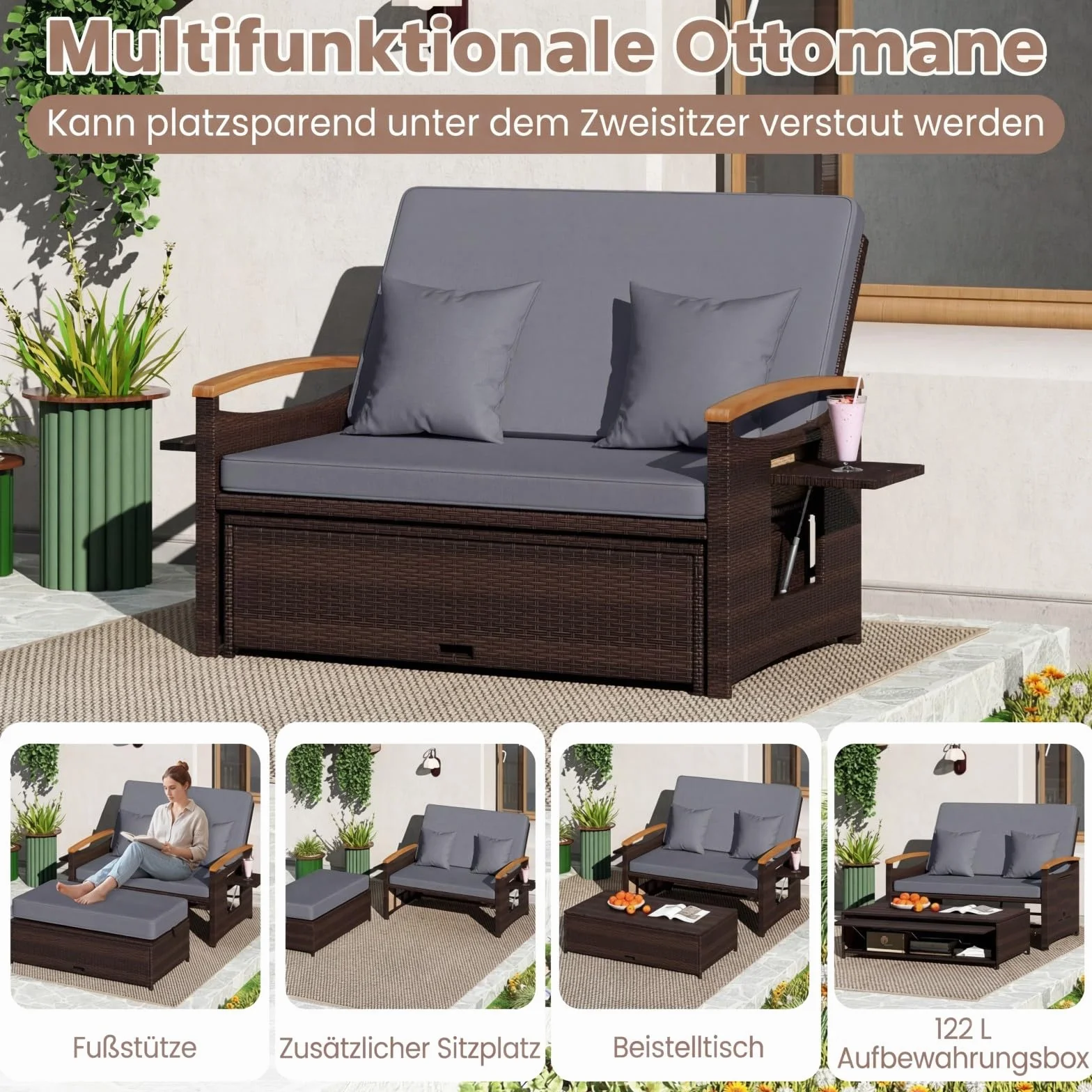 COSTWAY rattanowy zestaw mebli wypoczynkowych 3 w 1, podwójne łóżko ogrodowe, sofa 2-osobowa z taboretem, funkcja spania, regulowane oparcie i miejsce do przechowywania, meble ogrodowe do ogrodu,