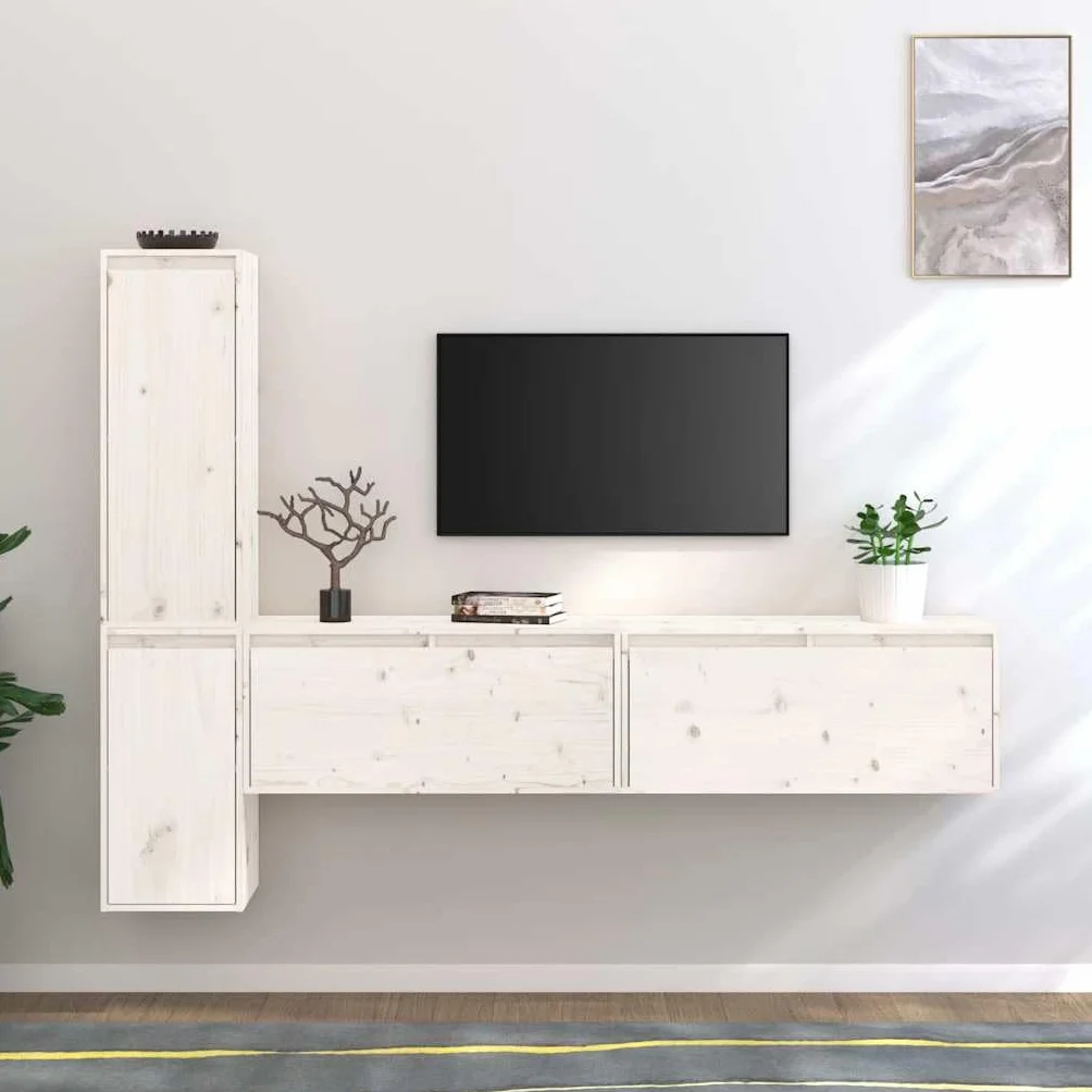 Szafka TV zestaw 4 szt. biały, lite drewno sosnowe, uniwersalna podstawka pod telewizor, montaż ścienny, do salonu, konsola medialna, nowoczesne wzornictwo do elektroniki użytkowej