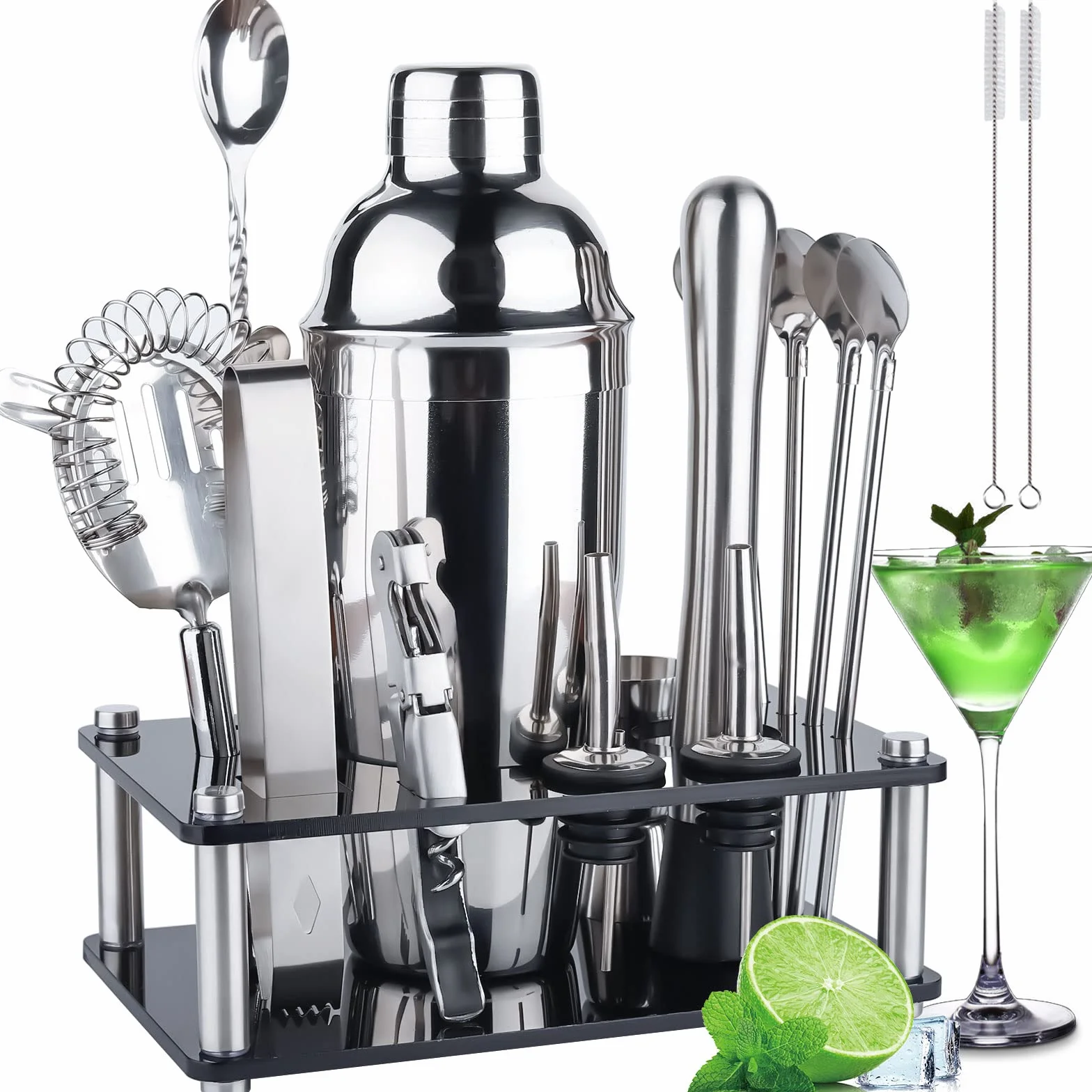 Shaker Cocktail Set 750 ml, 17 sztuk Barman zestaw ze stali nierdzewnej, profesjonalny kompletny zestaw Barman, zestaw narzędzi do baru z kryształową półką, przepis, do domu, baru i na imprezy