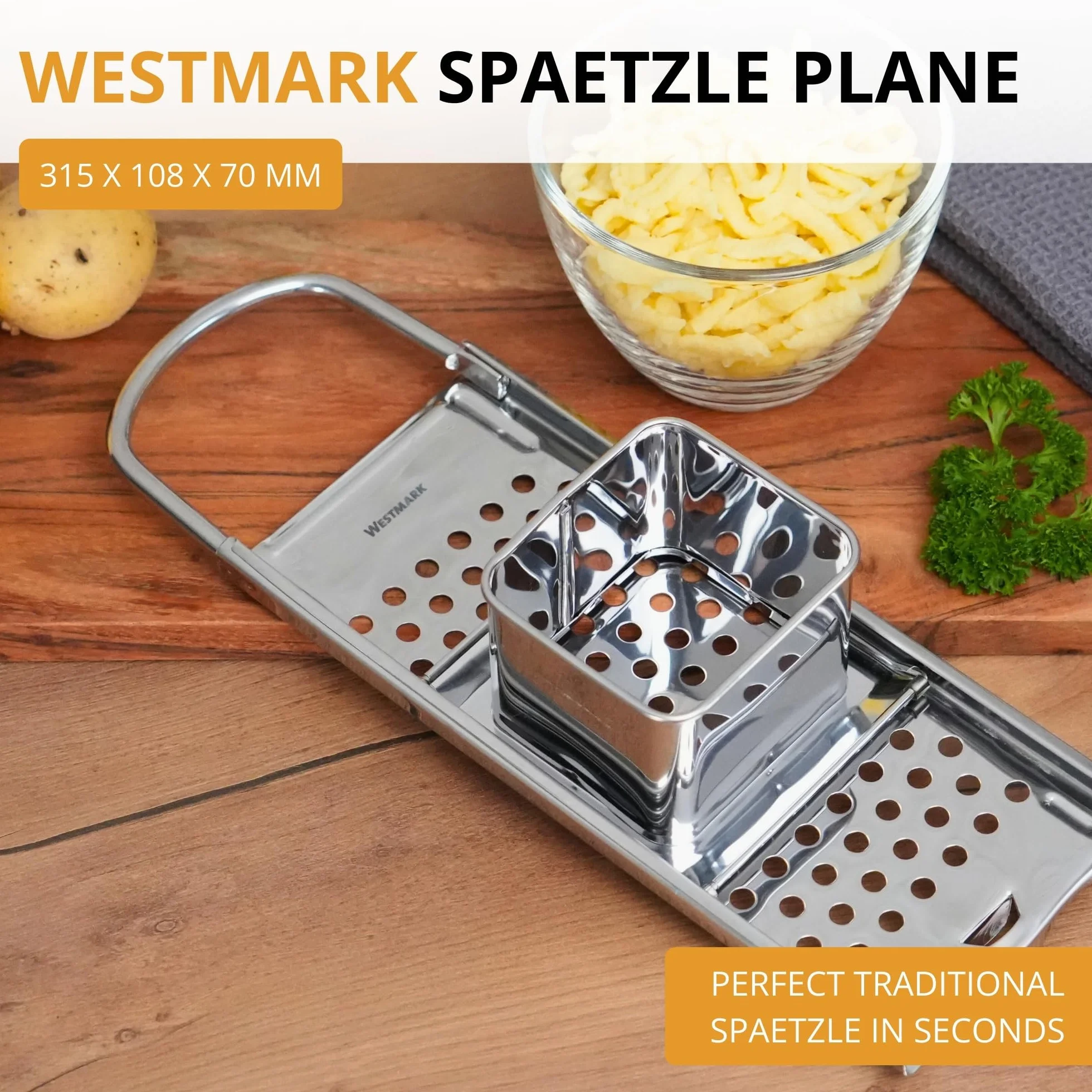 Westmark Krajalnica Spätzle Knöpfle Inox – tarka do spaetzli ze stali nierdzewnej do drobnego Knöpfle & Spätzle – ze zjeżdżalnią ułatwiającą krojenie – srebrny, 31,5 cm