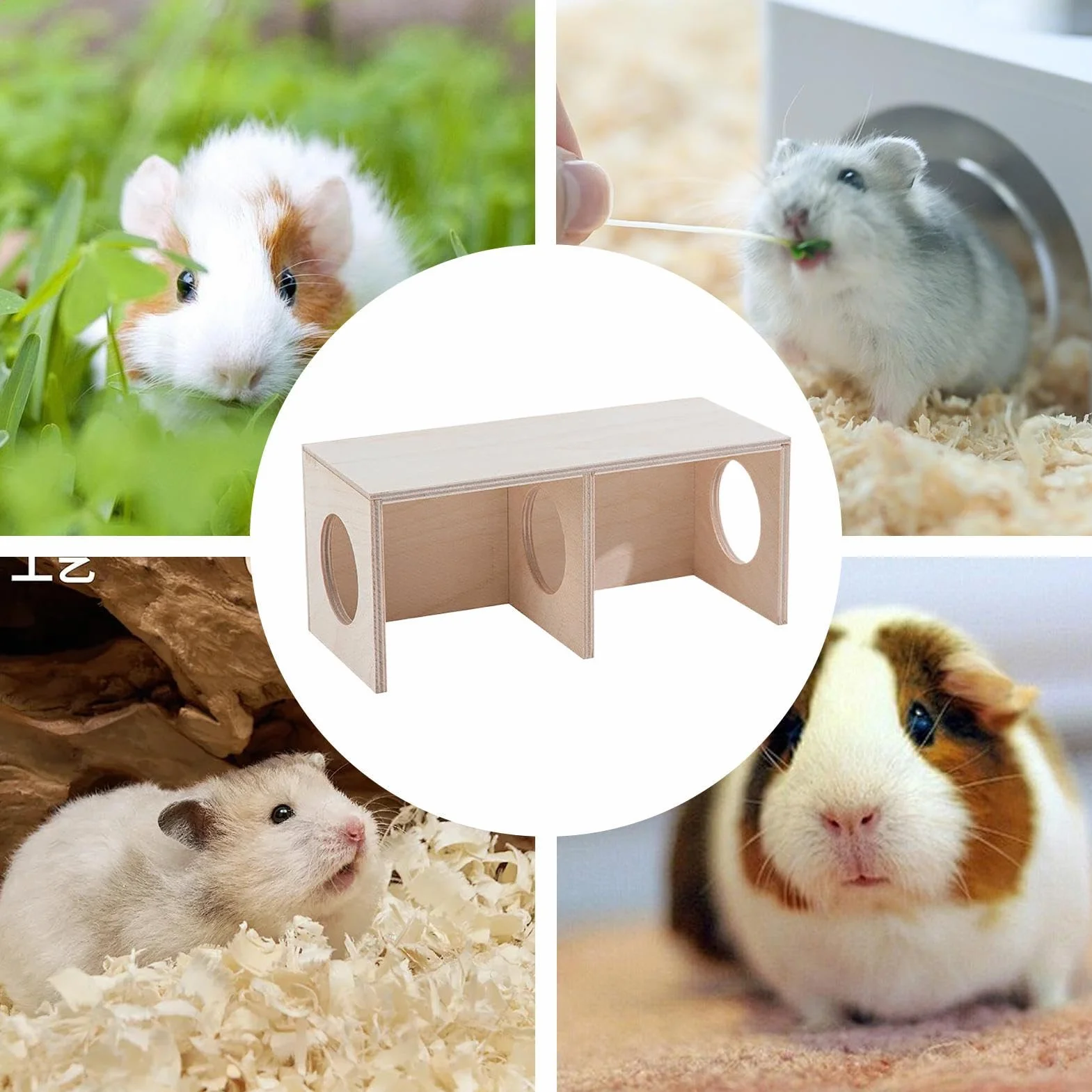 Wooden Hamster Hide Habitat, 2-Chamber Multi-Room Small Animal House, Natural Maze and Landscape for Hamsters Mice Gerbils, Stylish Pet Shelter and Living Room Decor, 20x10x9cm, 25x11x11cm