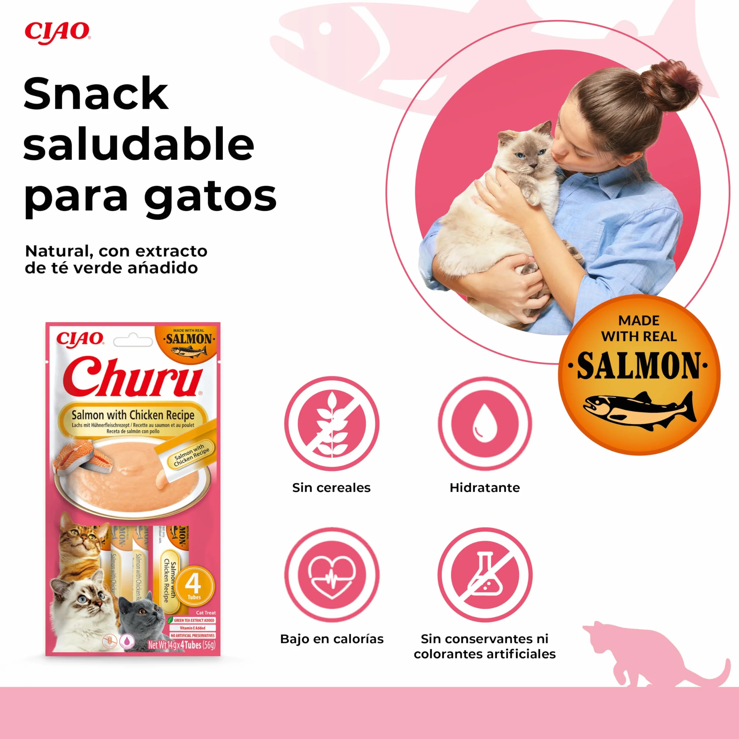INABA Churu Puree Kremowe przysmaki dla kotów, wysokiej jakości białka z łososiem i kurczakiem, 56 g (1 opakowanie), przekąski dla kotów w jakości premium