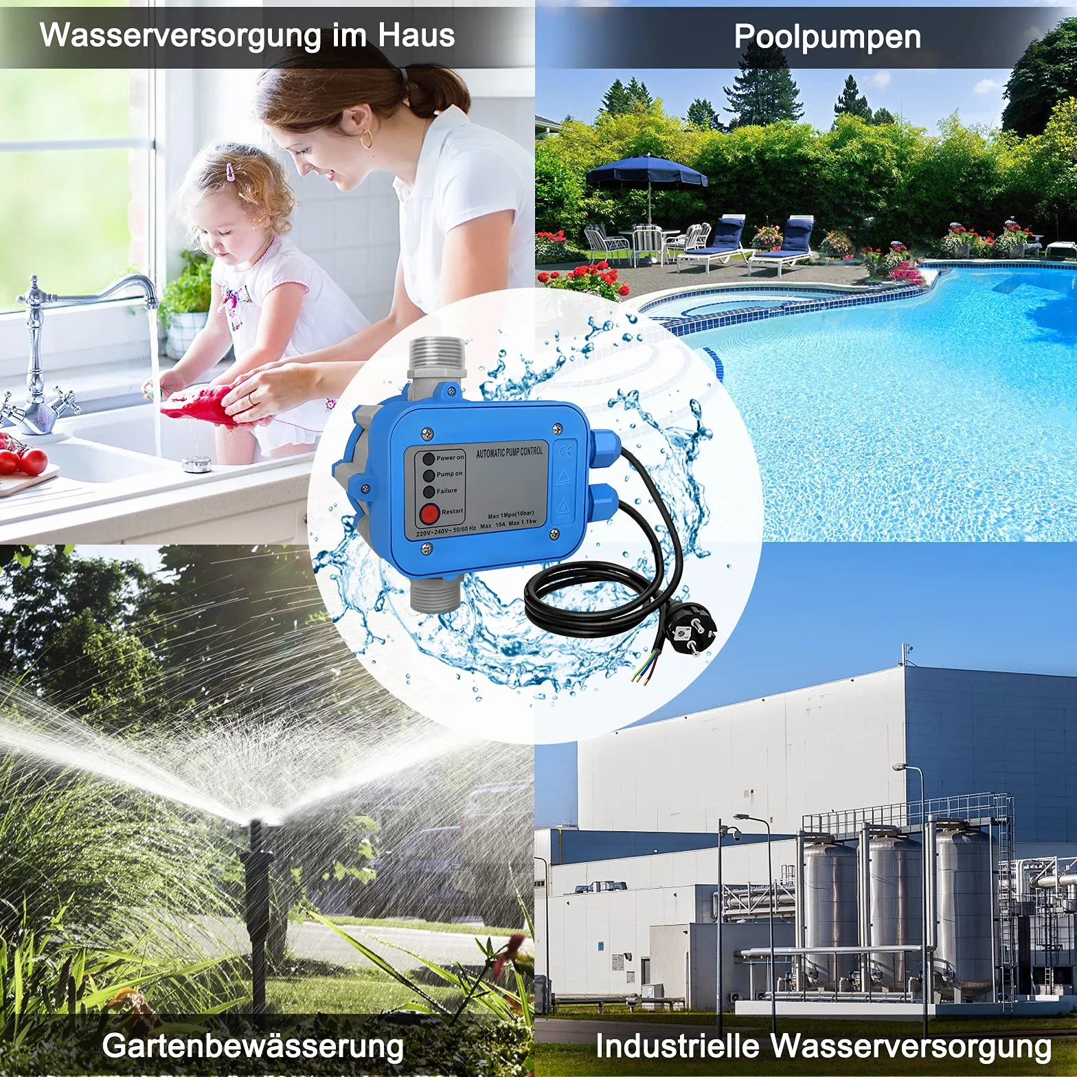 UISEBRT Czujnik ciśnienia, sterowanie pompą z wtyczką – elektroniczny przełącznik ciśnieniowy, pompa wodna pompa ogrodowa maks. 10 barów do domowej instalacji wodnej, pompy głębinowej, nawadniania