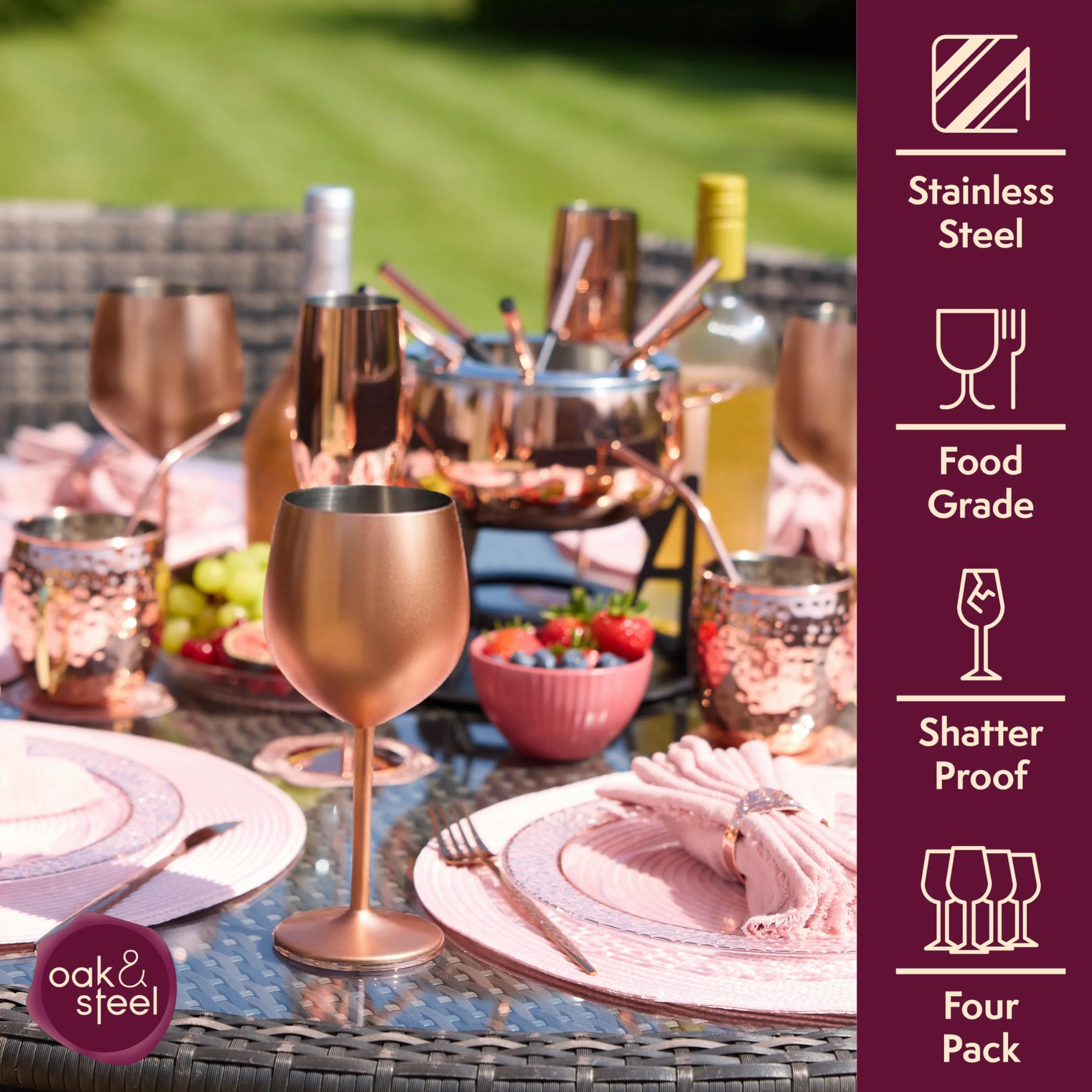 Oak & Steel - 4 Kieliszki do Wina ze Stali Nierdzewnej z Pudełkiem na Prezenty, Matowe Różowe Złoto 540ml - Eleganckie, Wytrzymałe i Nietłukące - Zestaw Upominkowy na Specjalne Okazje