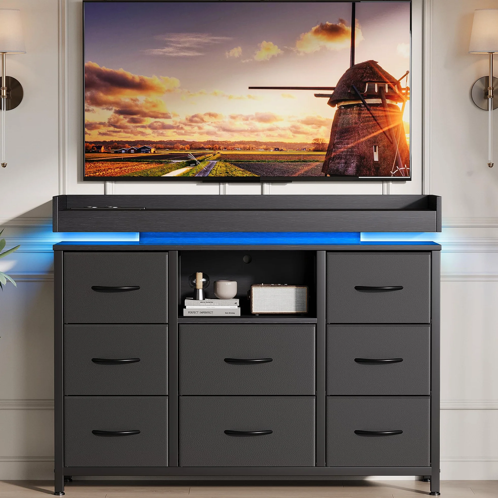 komoda z oświetleniem LED, komoda z 8 szufladami i otwartą półką, szafka w stylu vintage z 2 USB i 2 gniazdami AC, do sypialni, salonu, korytarza, stabilna z zabezpieczeniem przed przewróceniem
