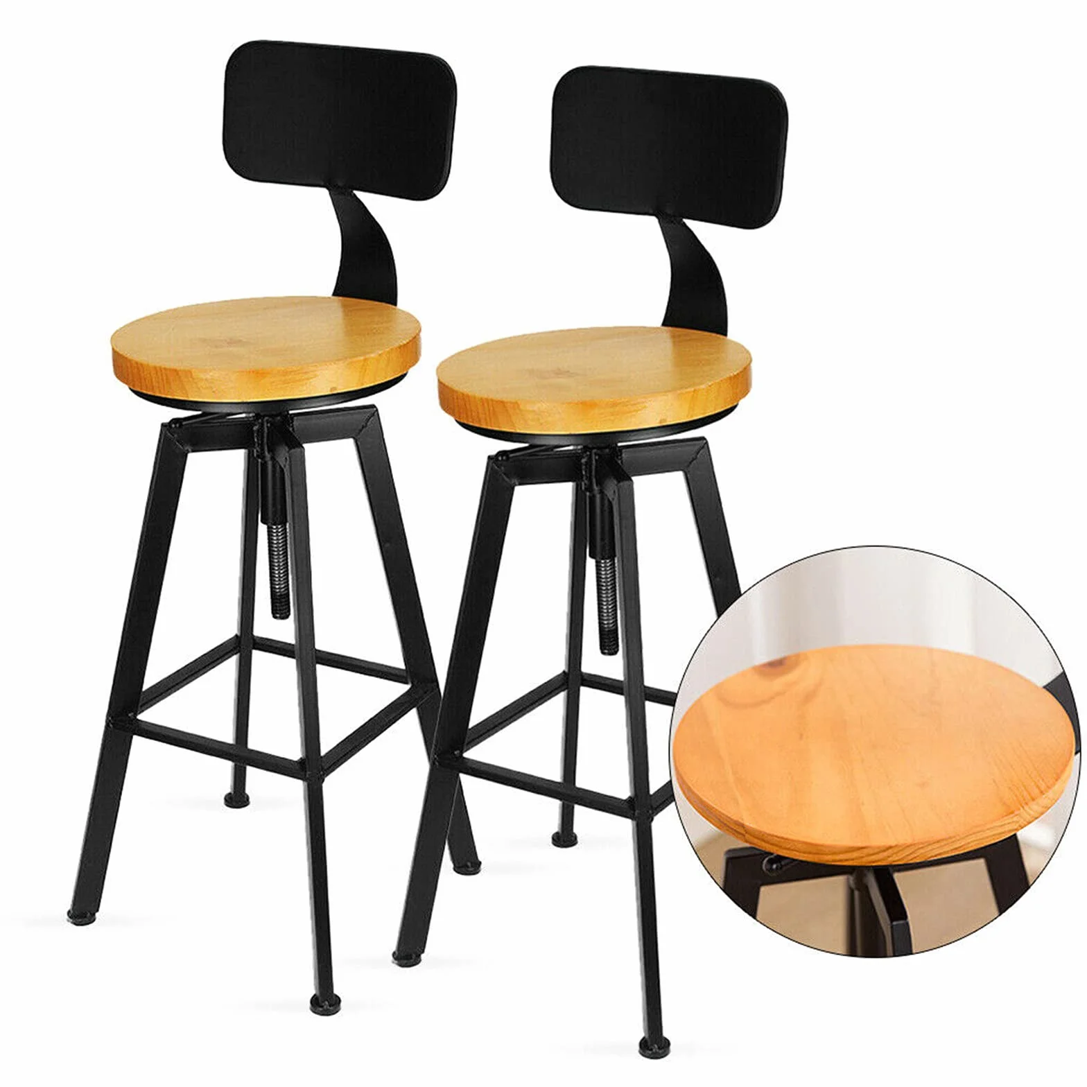 Futchoy 2 drewniane stołki barowe industrialne retro stołki barowe drewniane, metalowe oparcie krzesła 65-85 cm, do kuchni, baru śniadaniowego, przemysłowe stołki barowe są idealne do nowoczesnej i