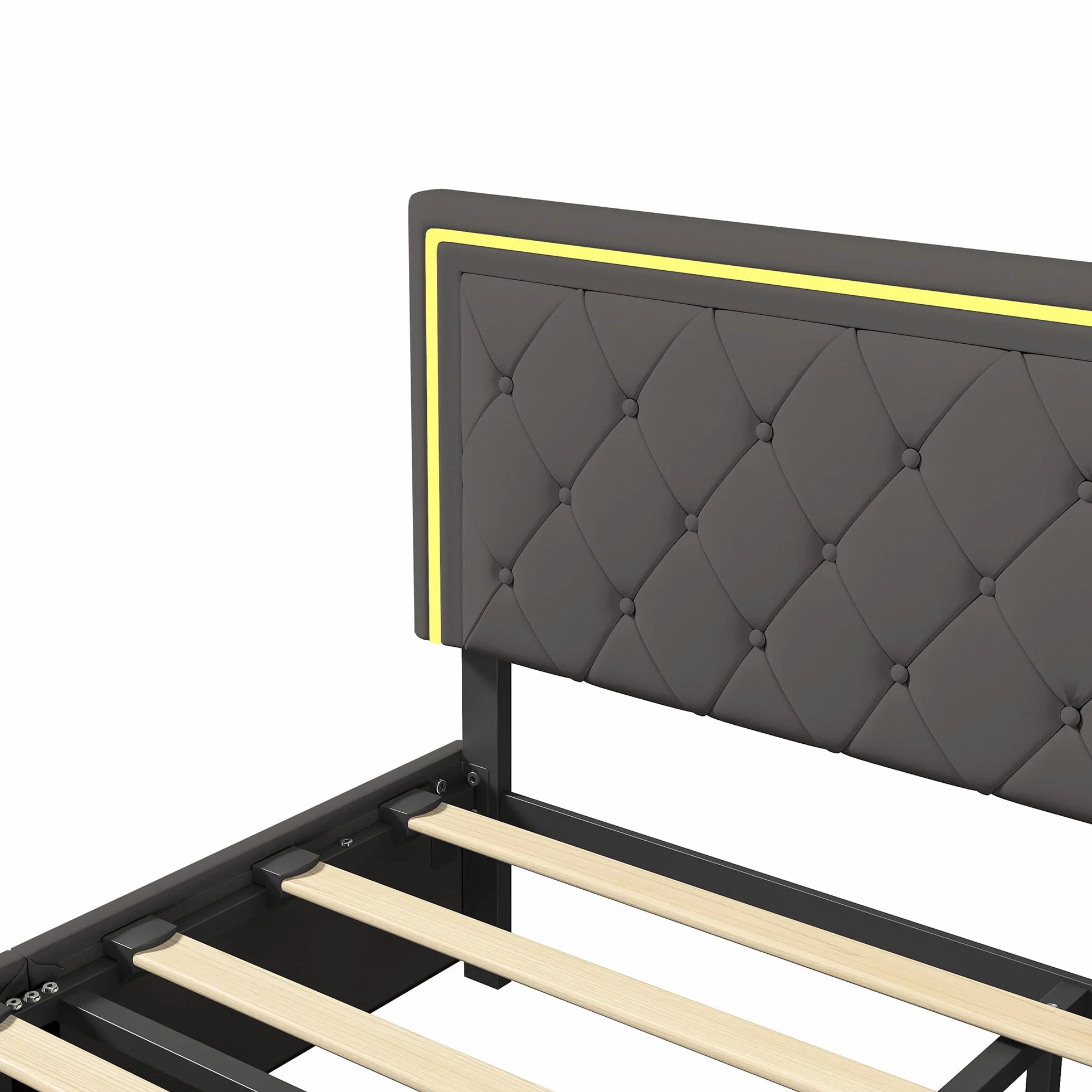 Łóżko tapicerowane, 160 x 200 cm z oświetleniem LED, podwójne łóżko z 4 przegródkami do przechowywania, rama łóżka podwójnego ze stelażem, łóżko podwójne, bez materaca, PU, szare