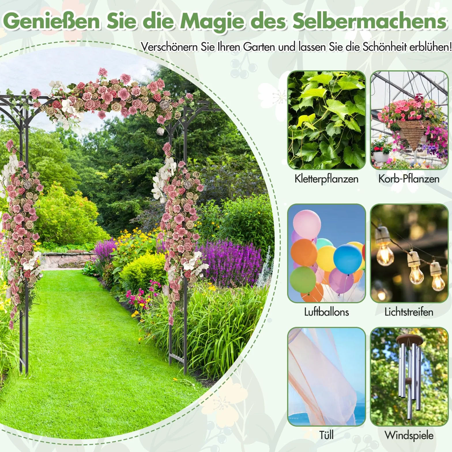 GOPLUS Łuk do róż z metalu, 200 x 52 x 206 cm, łuk ogrodowy z kratkami i rozszerzonym dachem, pergola, pomoc dla roślin pnących, łuk weselny do ogrodu, na wesele i imprezę