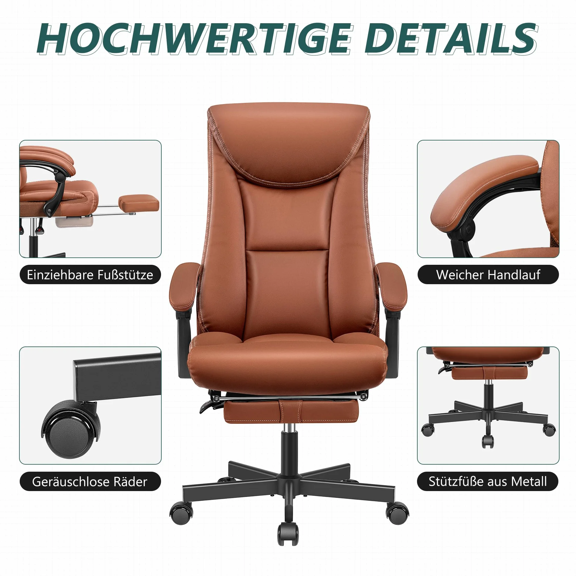 Fotel szefa, szerokie krzesło biurowe, ergonomiczne, wysokie oparcie, 150 kg, z podnóżkiem, ze skóry PU, brązowy