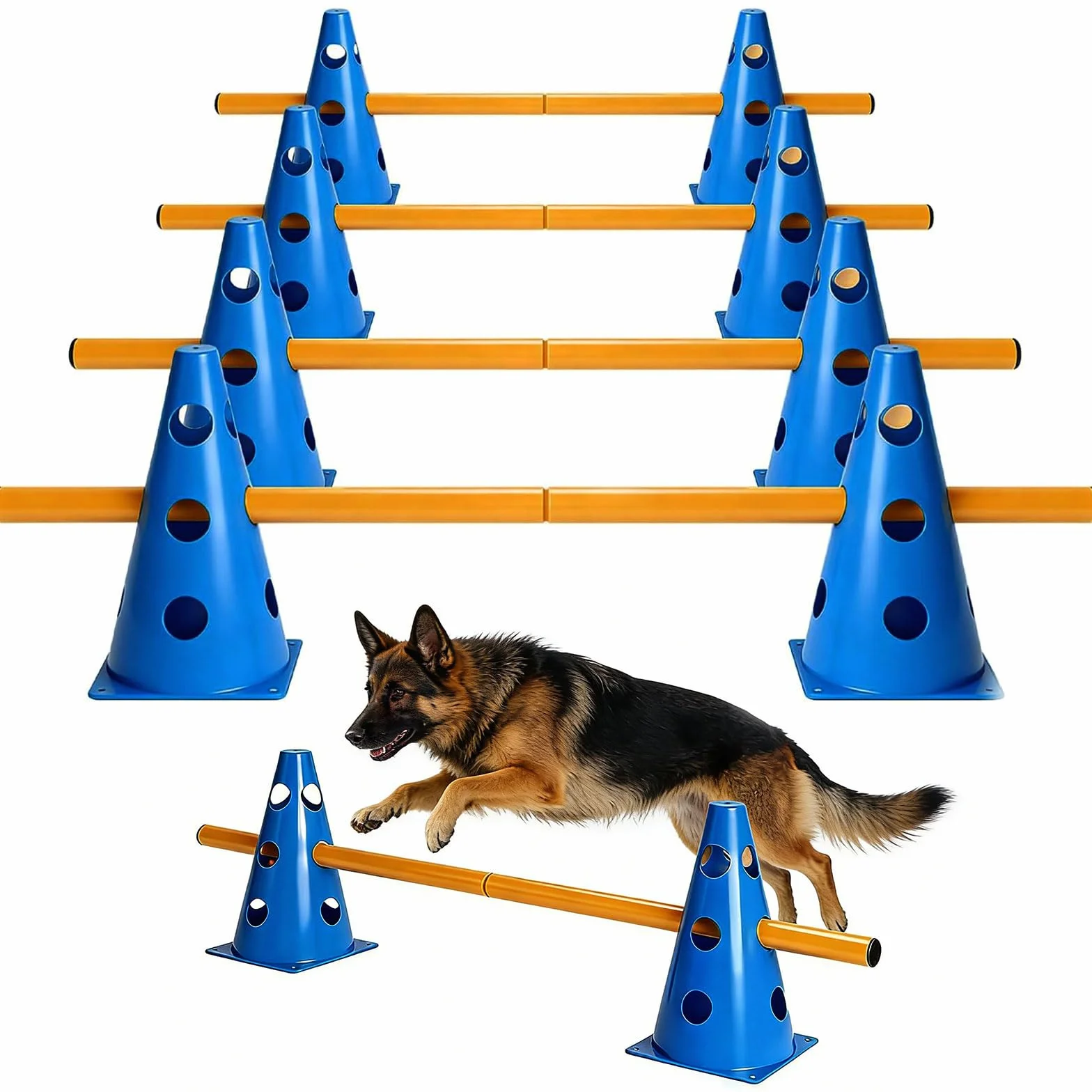 Agility zestaw dla małych psów Cavaletti, płotki wtykowe, akcesoria treningowe, 10 stożków, 5 drążków