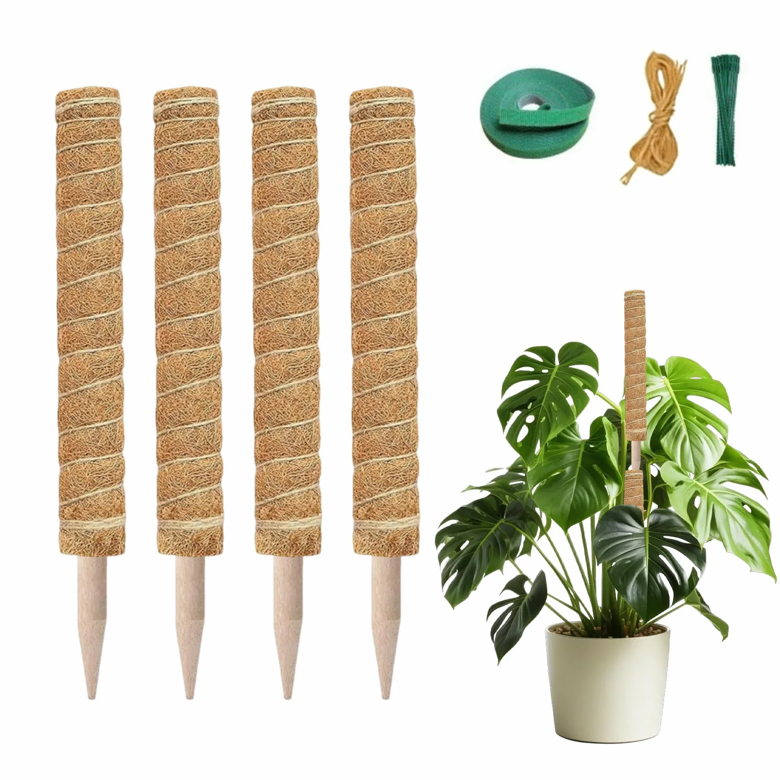 4 Sztuki 40cm Kij do Mchu Monstera, Pręt Kokosowy z Naturalnego Włókna, Podpora dla Roślin Pnących, 2m Sznurka Jutowego, 2m Velcro, 20 Opaska Zaciskowa, Pręt do Monstery i Pothos (4)