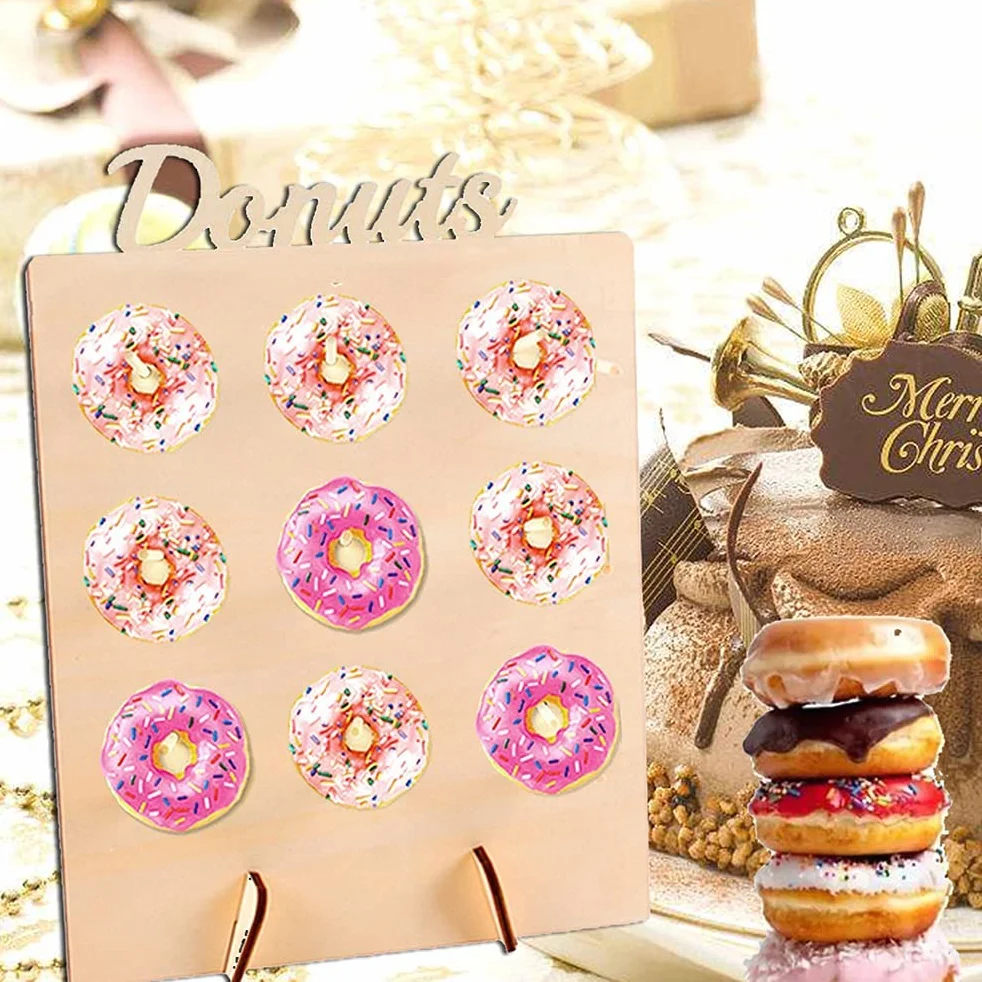 Stojak ścienny na pączki, drewniany wielokrotnego użytku stojak na bajgle i pączki, 9 uchwytów, uchwyt na pączki, dekoracja imprezowa, stojak na słodkie ciasto, stojak na pączki, przyjęcie urodzinowe