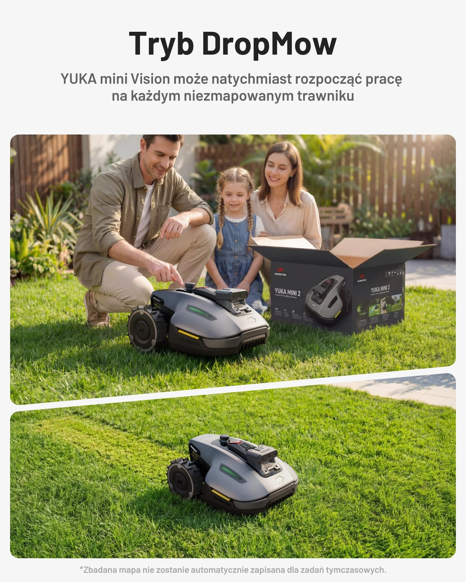 MAMMOTION YUKA mini 2 500 Robot koszący bez przewodu obwodowego, do 500 m², Tri-Cam AI Vision,BRAK RTK, brak przerw w sygnale, automatyczne mapowanie wielu stref, DropMow, ręczna edycja mapy