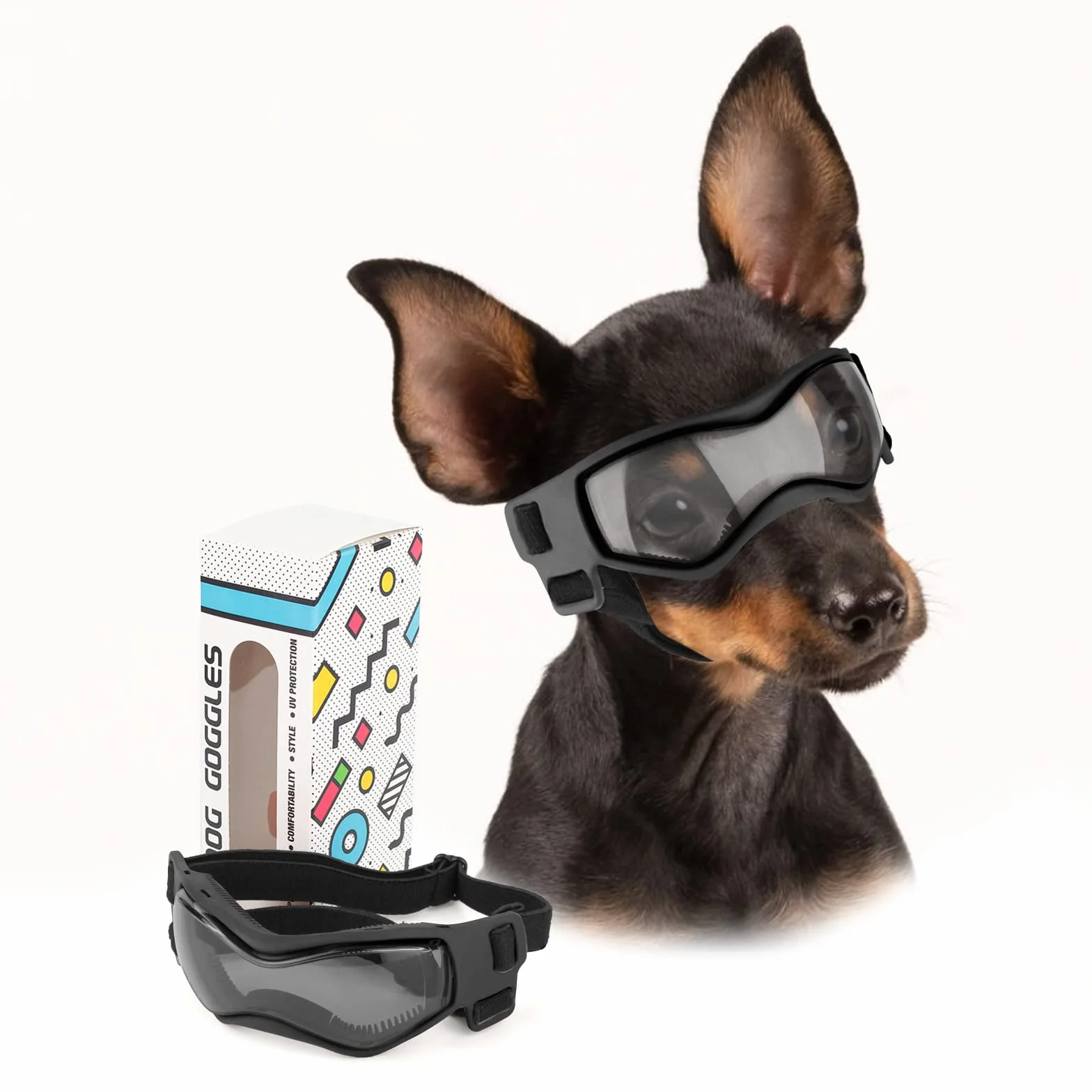 Gogle dla psów dla małych ras, odporne na promieniowanie UV, wiatroszczelne, ochrona oczu, okulary przeciwsłoneczne dla zwierząt domowych z regulowanymi paskami do jazdy / aktywności na