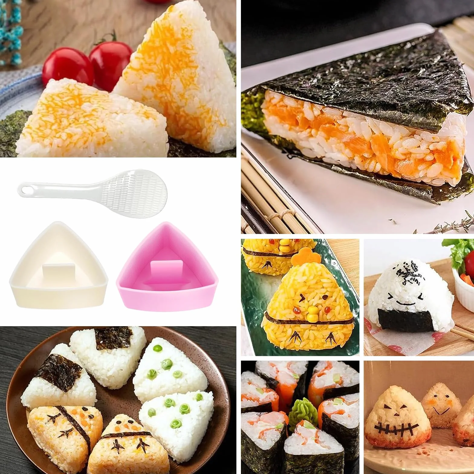 Foremki Onigiri, 4 sztuki, zestaw z łyżeczkami do ryżu, trójkąt, do sushi, trójkątne formy do sushi, kul ryżowych, do restauracji, kuchni rodzinnej