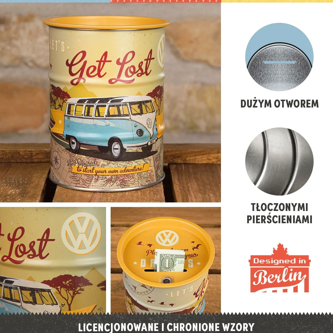 Nostalgic-Art Retro skarbonka, 600 ml, VW Bulli – Let's Get Lost – Pomysł na prezent dla miłośnika Volkswagena Busa, Official License Product (OLP), metalowa skarbonka, Styl vintage