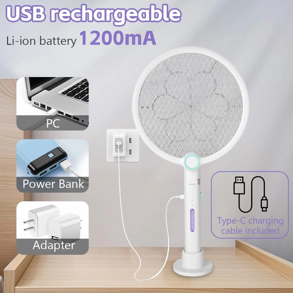 AOOWU Elektryczna rakieta na komary, 3 w 1, składana elektryczna moskitiera, USB ładowalna 3-warstwowa gęsta siatka, elektryczna rakieta przeciw komarom do kuchni i sypialni