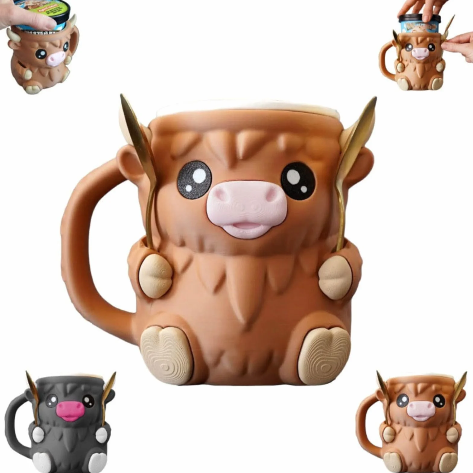 Générique Cow Ice Cream Cup Holder, krowa uchwyt na kropki do lodów z przekąską, łyżka, antypoślizgowa podstawa, antypoślizgowy uchwyt, lód przytulny rękaw