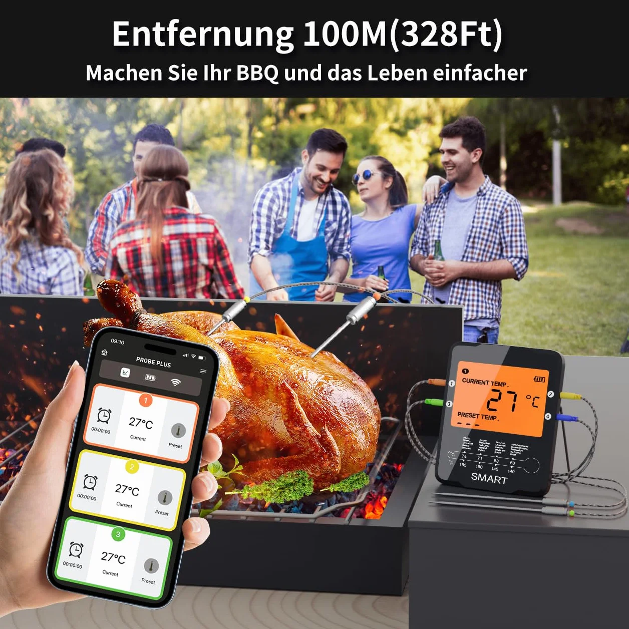 Uzone Termometr do mięsa, cyfrowy termometr Bluetooth, bezprzewodowy termometr z aplikacją 100 m, zdalny monitoring, termometr do piekarnika, smażenia, BBQ, podświetlenie ekranu LCD, 4 sondy
