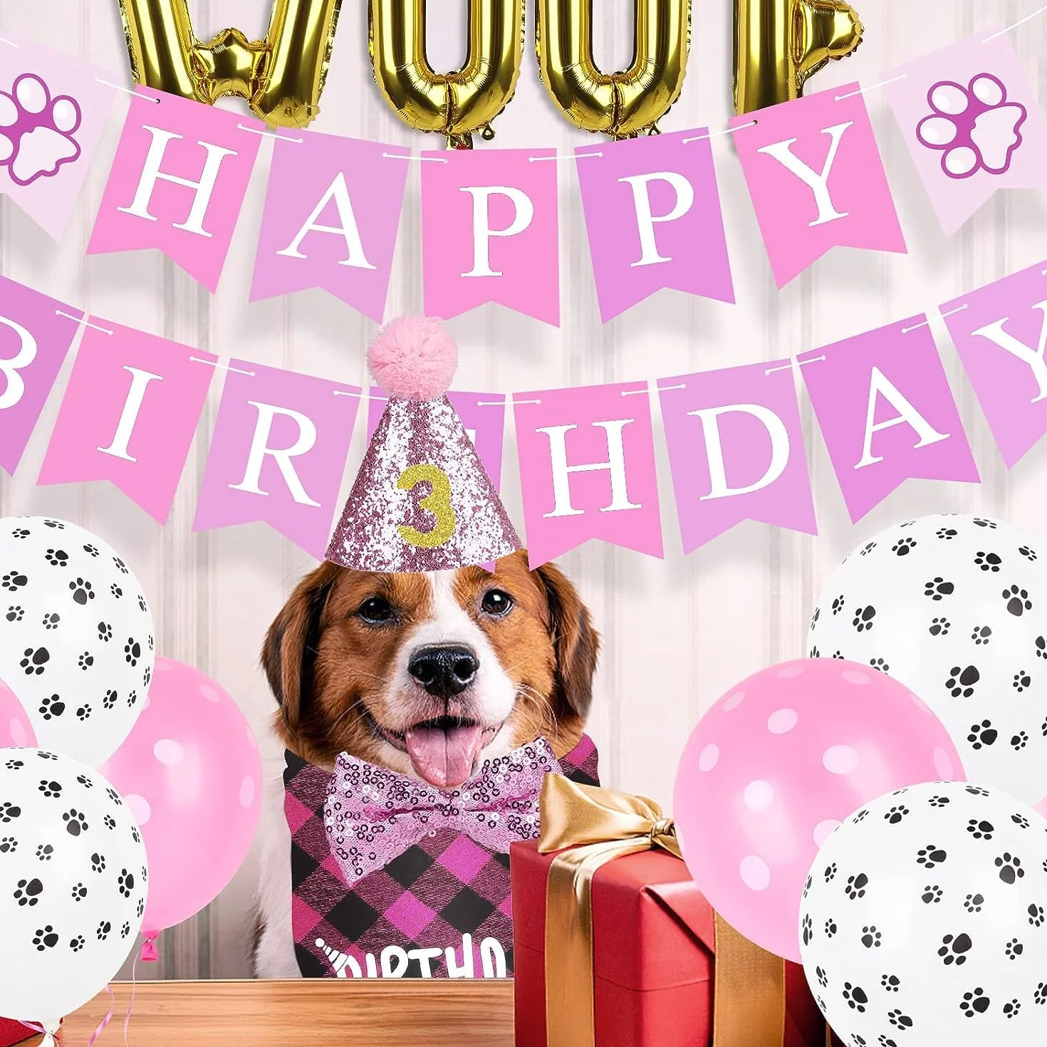 Dekoracja urodzinowa dla psa, chusta na szyję dla psa, chusta urodzinowa WOOF, balony z napisem "Happy Birthday", baner z nadrukiem Psiego, balony, muszka, kołnierz do dekoracji zwierząt domowych