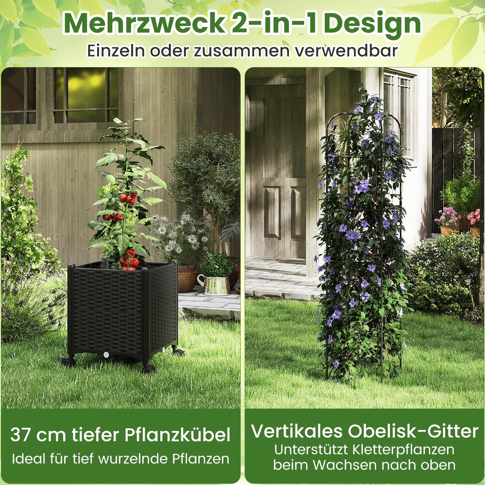COSTWAY Obelisk ogrodowy ze skrzynką na kwiaty, 211 cm, powlekany metal i polipropylen, regulowana wysokość, kratka ze skrzynką na rośliny i samonawadnianiem, do roślin pnących, pomidorów, kwiatów