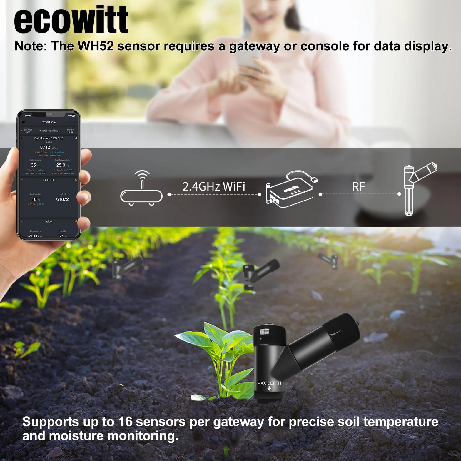 ECOWITT WH52 czujnik wilgotności gleby + 16-kanałowy czujnik EC, higrometr do roślin wewnątrz i na zewnątrz, monitor wody roślinnej, tester higrometru glebowego, nie może być używany samodzielnie