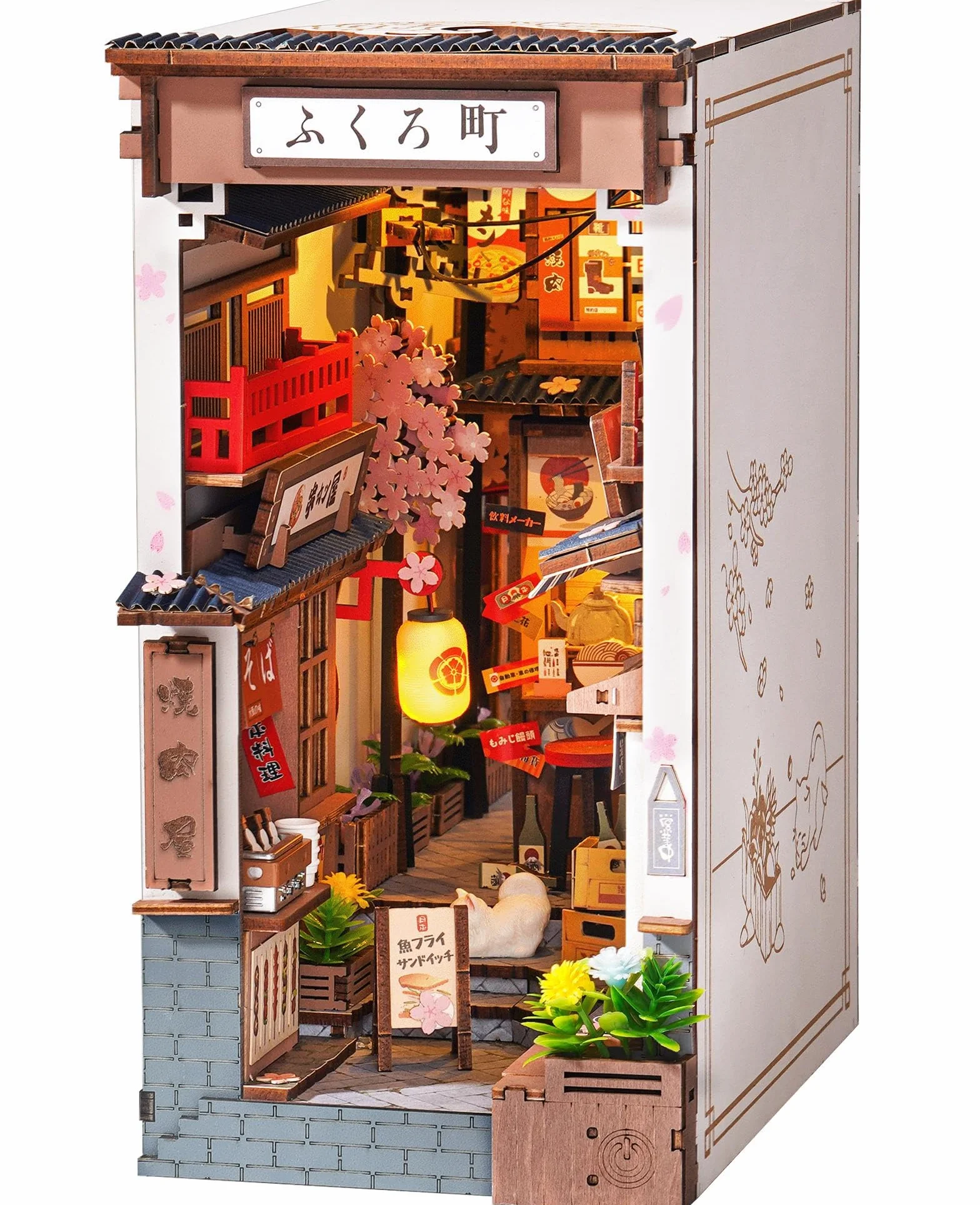 ROBOTIME Zestawy do zakamarków dla dorosłych Sakura Wine Alley, DIY Booknook ze światłami, zestaw do samodzielnego wykonania miniaturowy domek dla lalek, drewniane puzzle, podpórka na książki