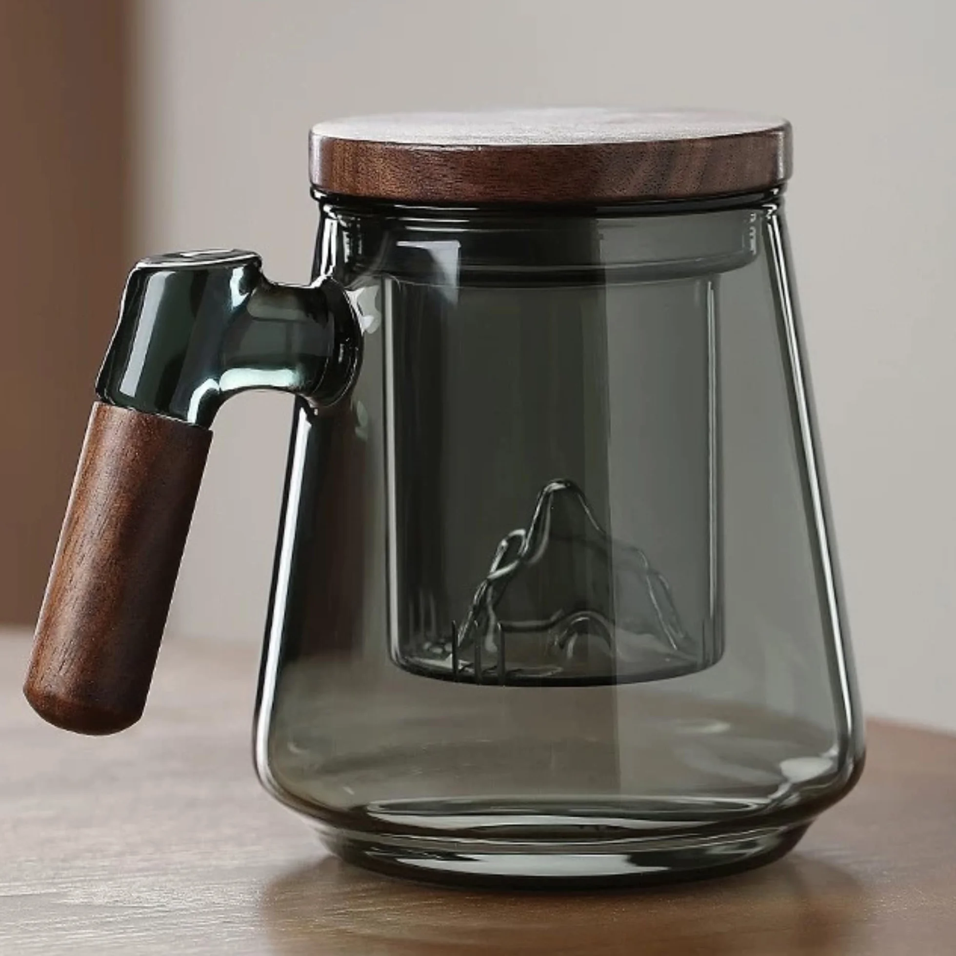 JanYoo Filizanka do herbata z pokrywką i sitkiem, 500 ml, duży drewniany uchwyt, kubek do herbata ze szkła borokrzemowego