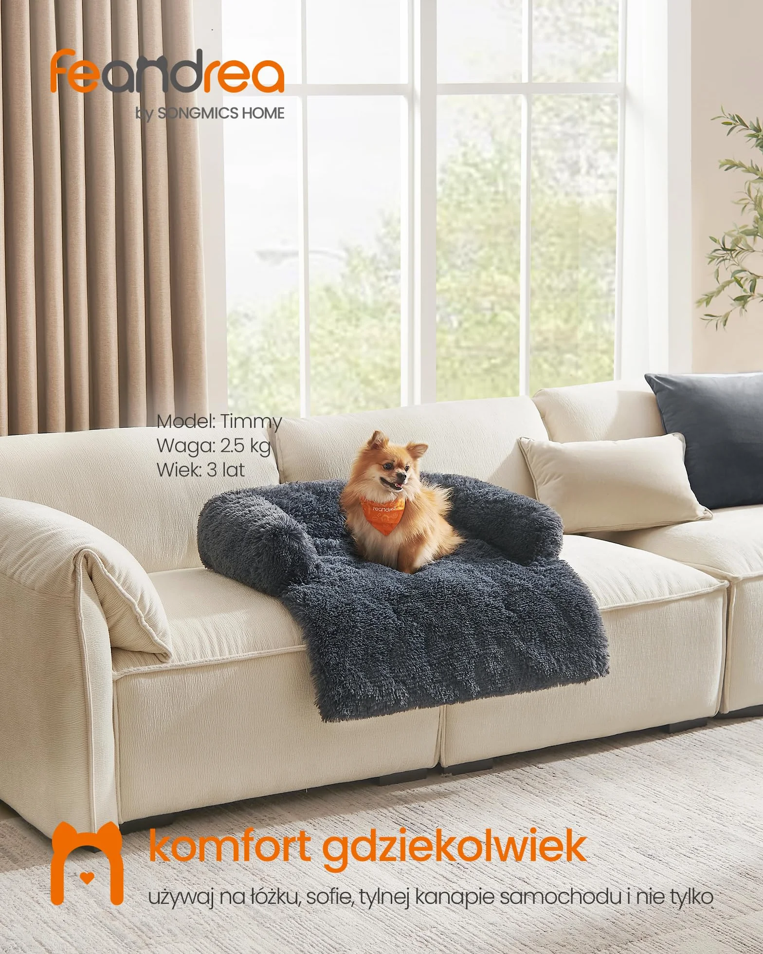 Feandrea FluffyHug narzuta na sofę, łóżko uspokajające dla małych i średnich psów, M, 80 x 75 x 16 cm, ciemnoszara