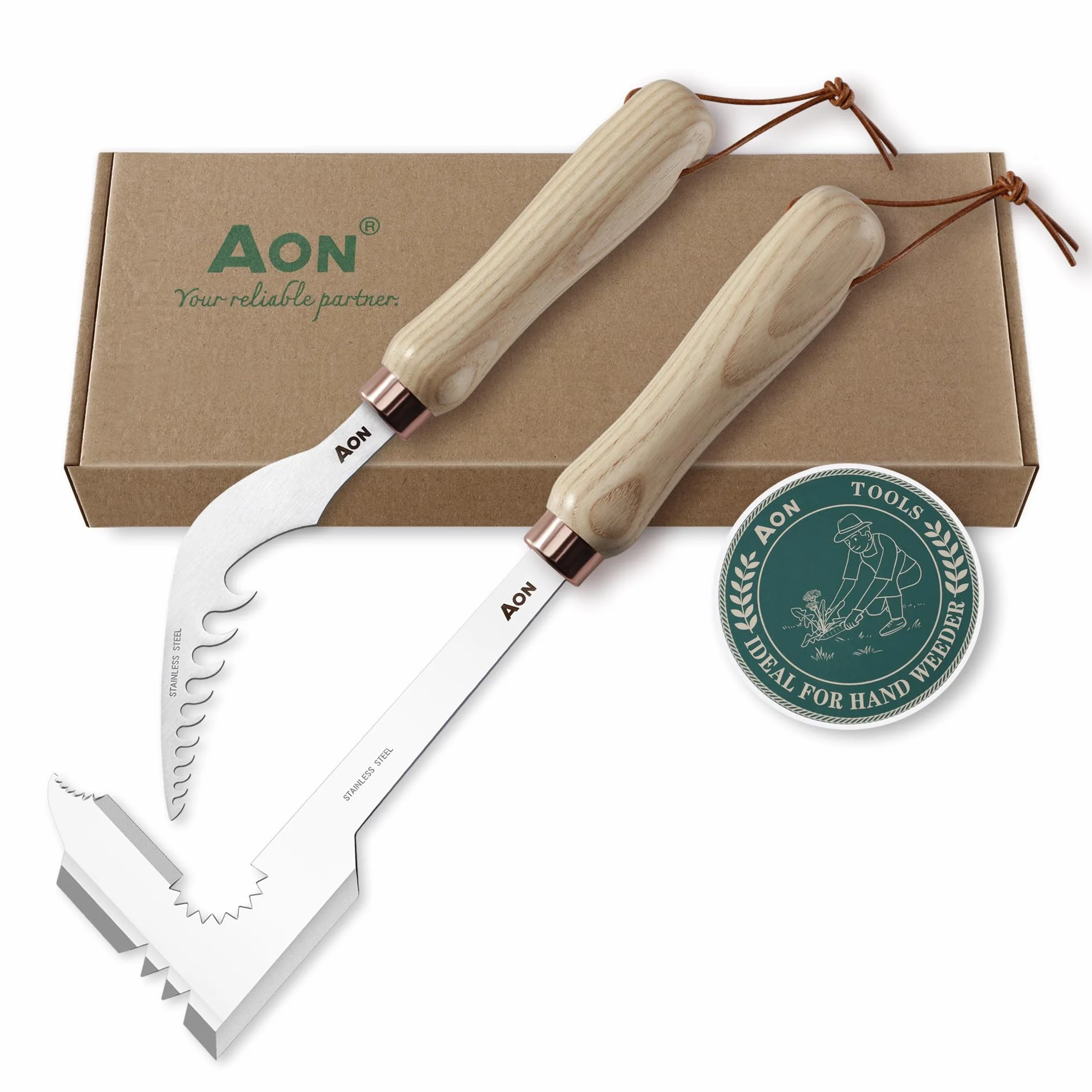 aon Zestaw 2 narzędzi – Odchwaszczacz y Skrobak do fug, Wyrywacz chwastów con acero tratado térmicamente y mango ergonómico de madera de fresno, ideal para jardines y patios, elimina malezas de raíz