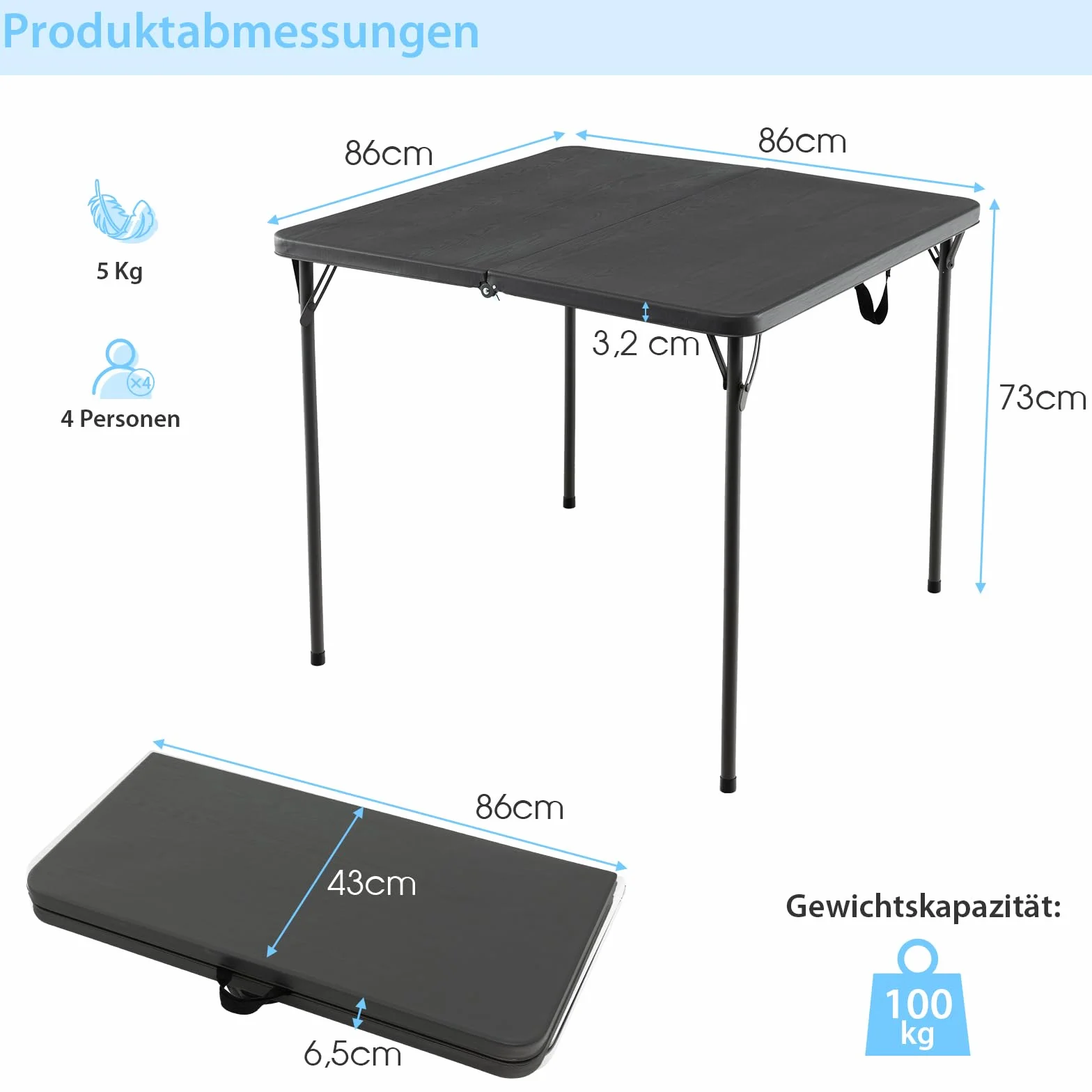 COSTWAY Składany stół kwadratowy, 86 x 86 cm, kempingowy, składany, z blatem z HDPE i uchwytem do noszenia, dla 4 osób, przenośny do jadalni i kuchni, ogrodowy