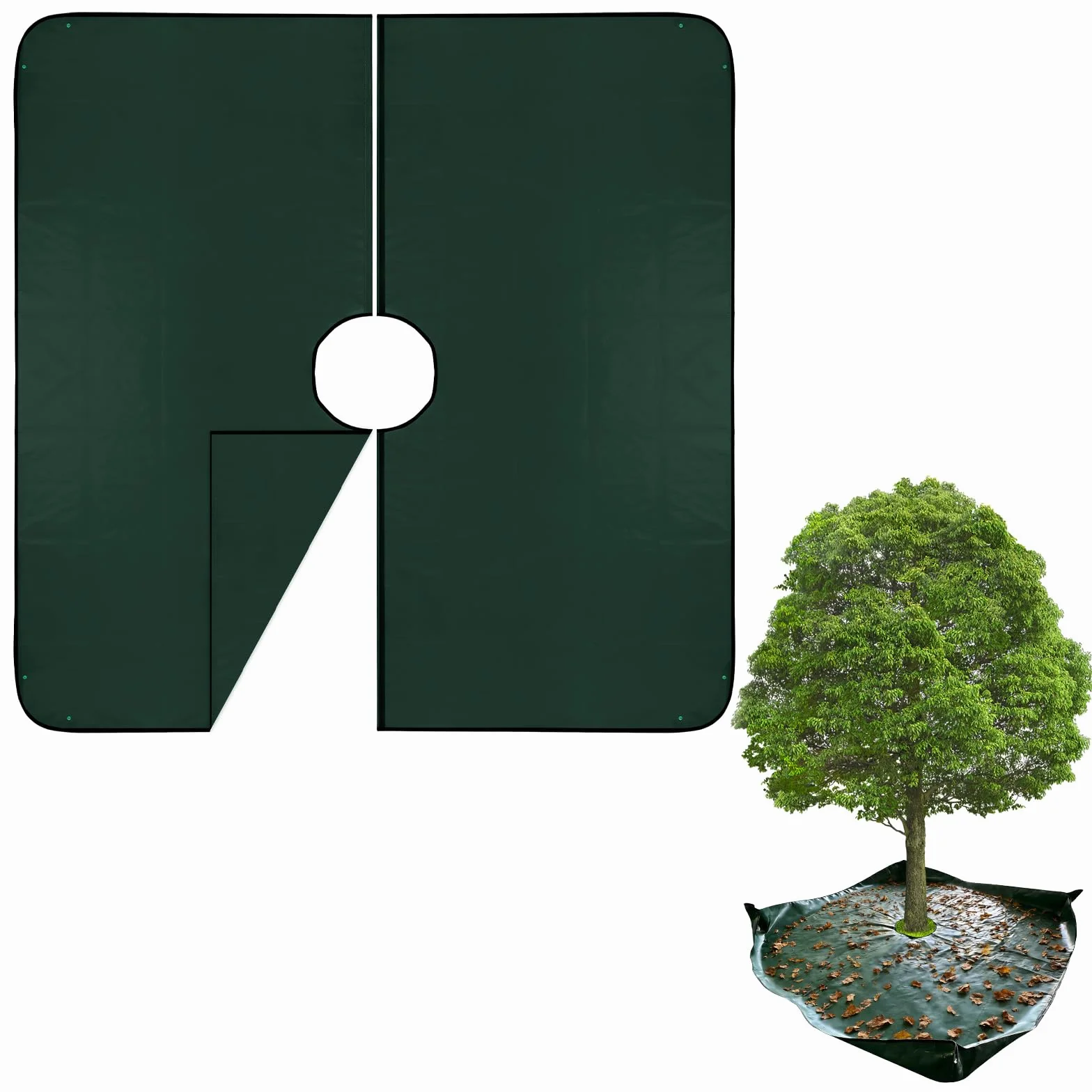 DBREAKS Plandeka krajobrazowa do przycinania 200 x 200 cm z otworem 30 cm, mata do cięcia roślin, narożniki mają narożne klamry do łatwego mocowania wokół krzewów i drzew (ciemnozielony)