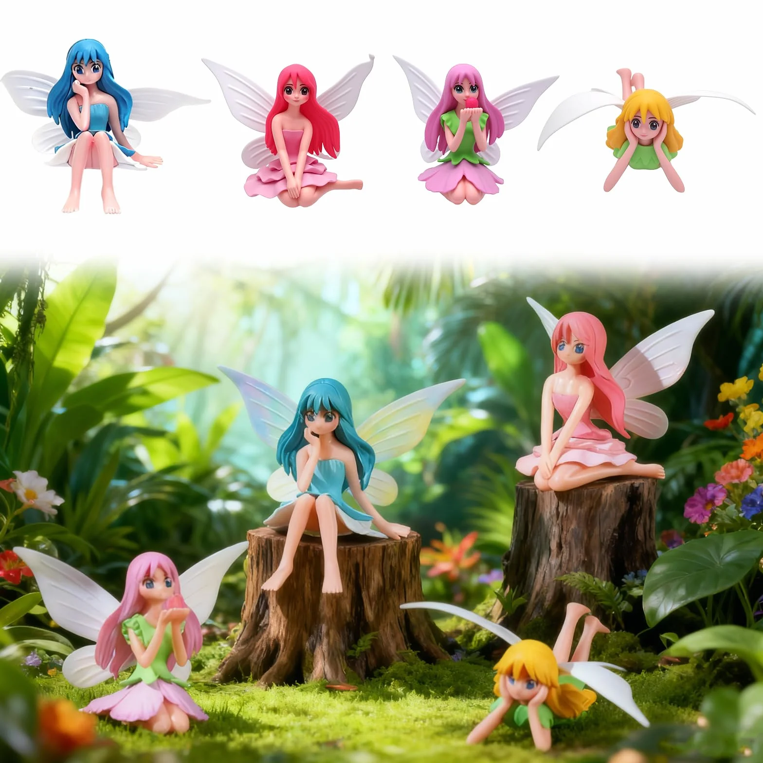 VOSSOT Figurki elfów, dekoracja ogrodowa, 4 sztuki, statuetka wróżek, prezenty, dekoracja i miniaturowe akcesoria do ogrodu wróżek, mała dekoracja ogrodowa do użytku na zewnątrz, wróżka, dekoracja